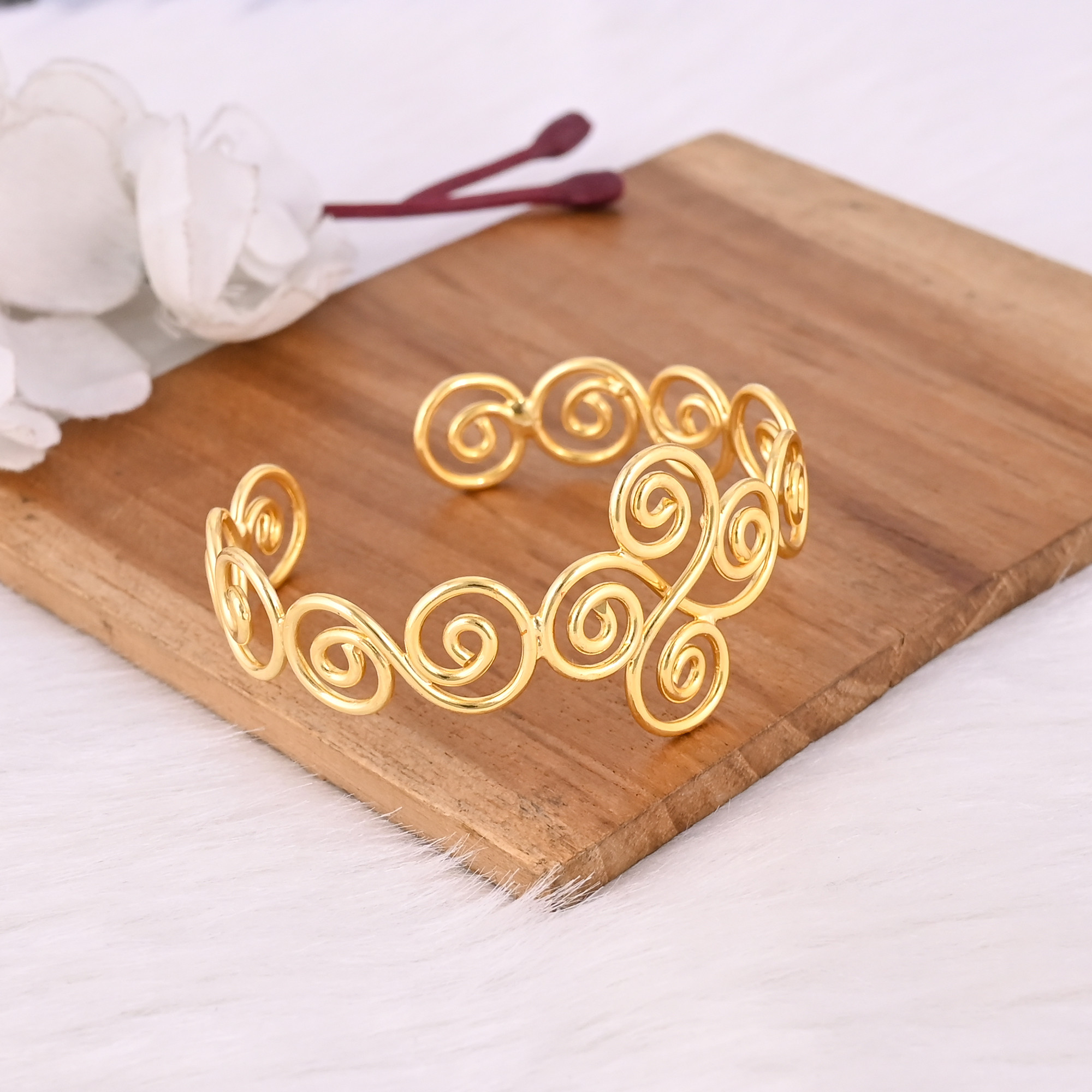 Yellow Gold Plated Brass Adjustable Cuff Bangle Bracelet Handmade Charm Jewelry