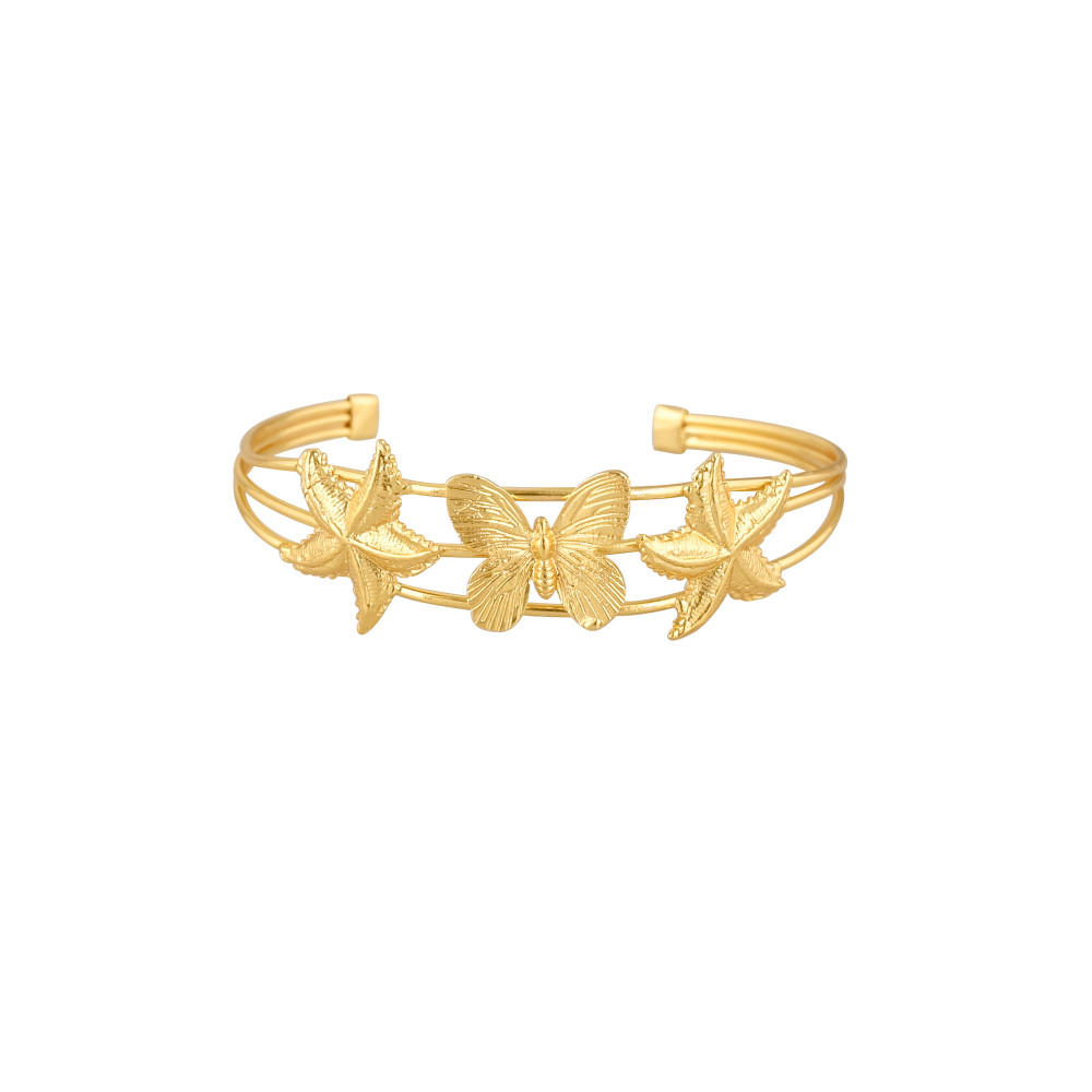 Image of Yellow Gold Plated Brass Adjustable Cuff bangle Bracelet Handmade Butterfly &amp; Star Charm Jewelry