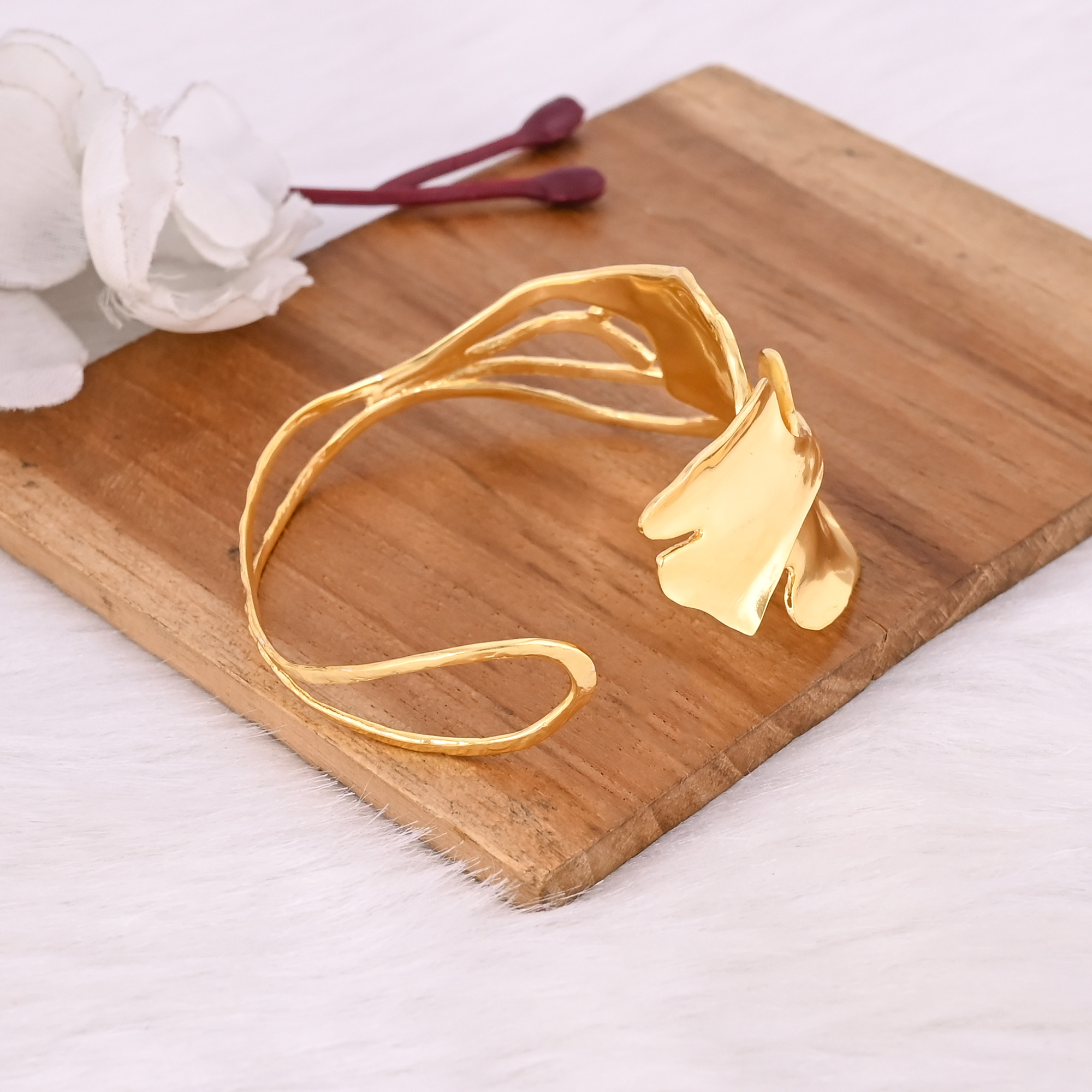 Yellow Gold Plated Brass Adjustable Cuff Women Bangle Bracelet Charm Jewelry