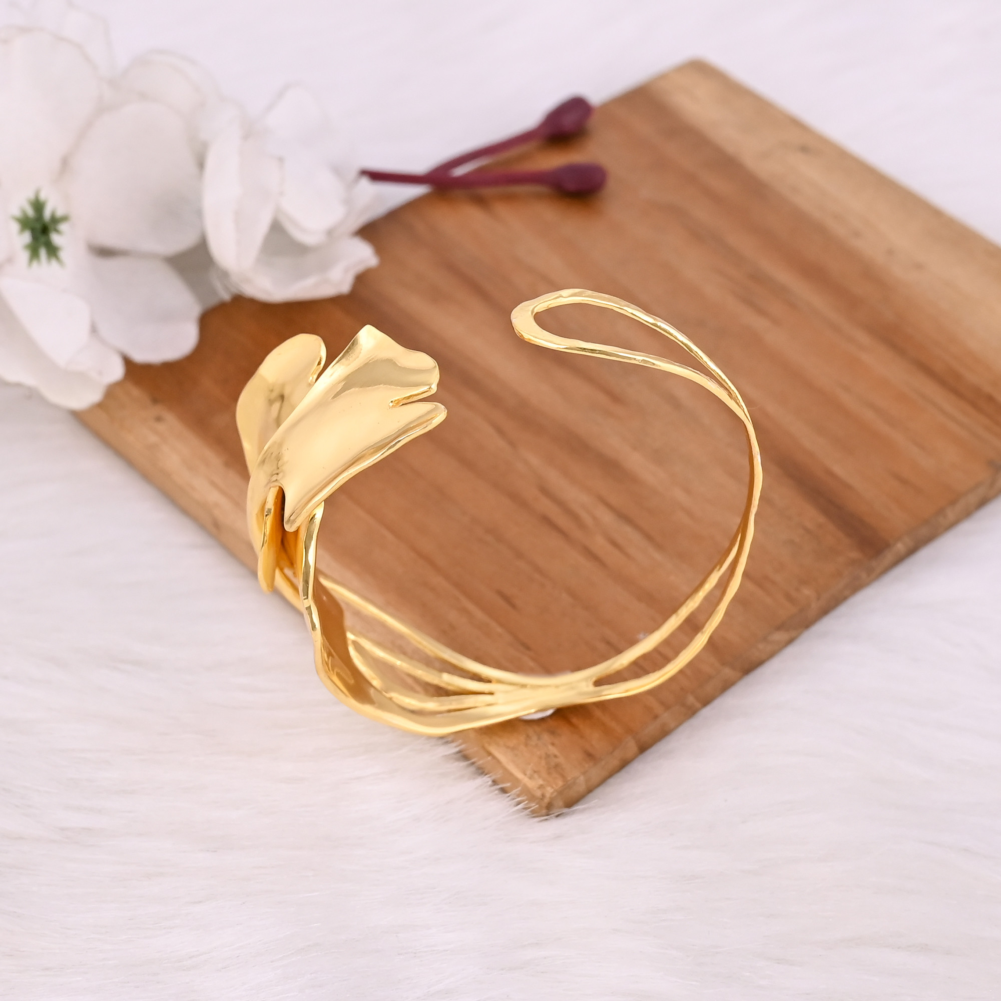 Yellow Gold Plated Brass Adjustable Cuff Women Bangle Bracelet Charm Jewelry