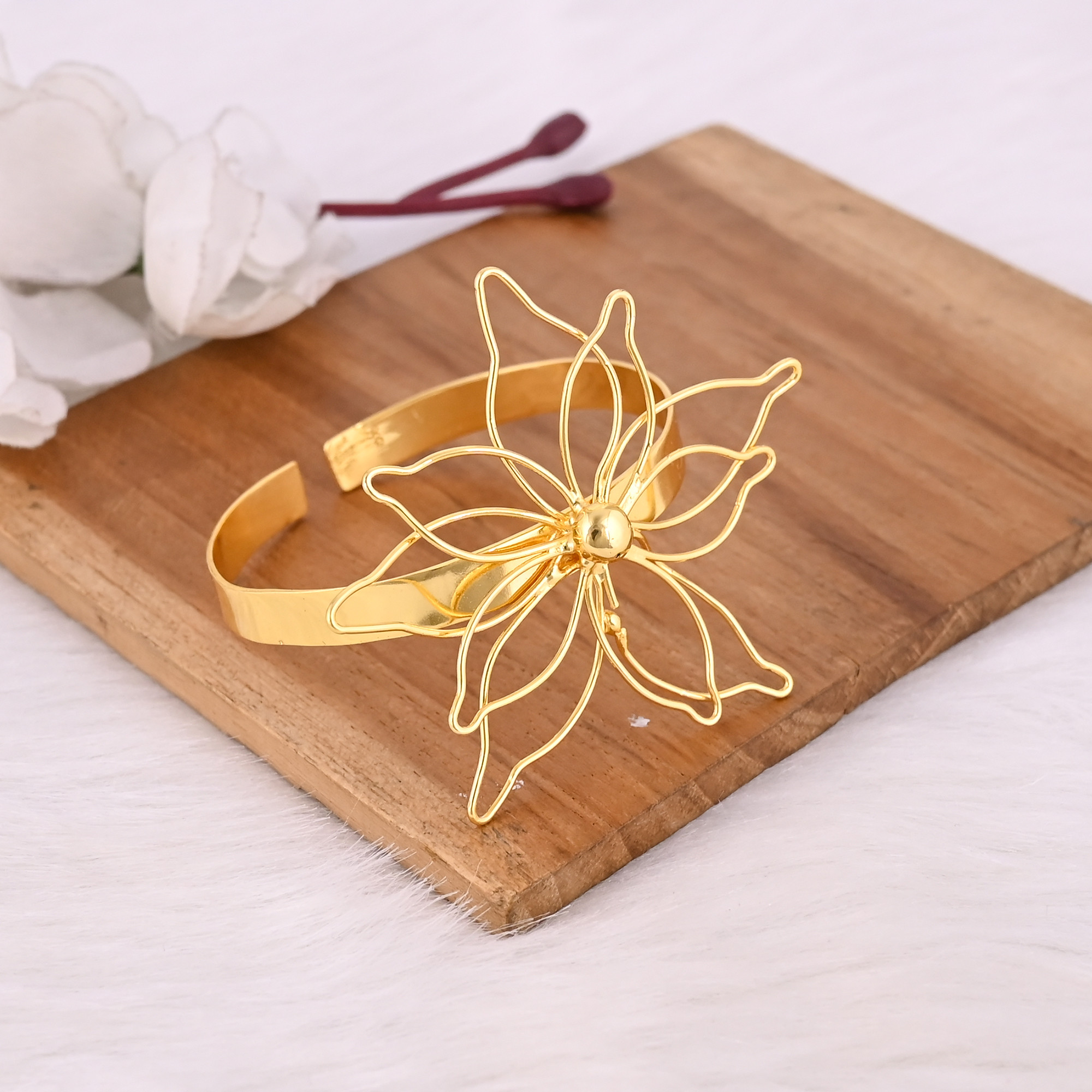 Yellow Gold Plated Brass Adjustable Cuff Floral Bangle Bracelet Handmade Charm Jewelry