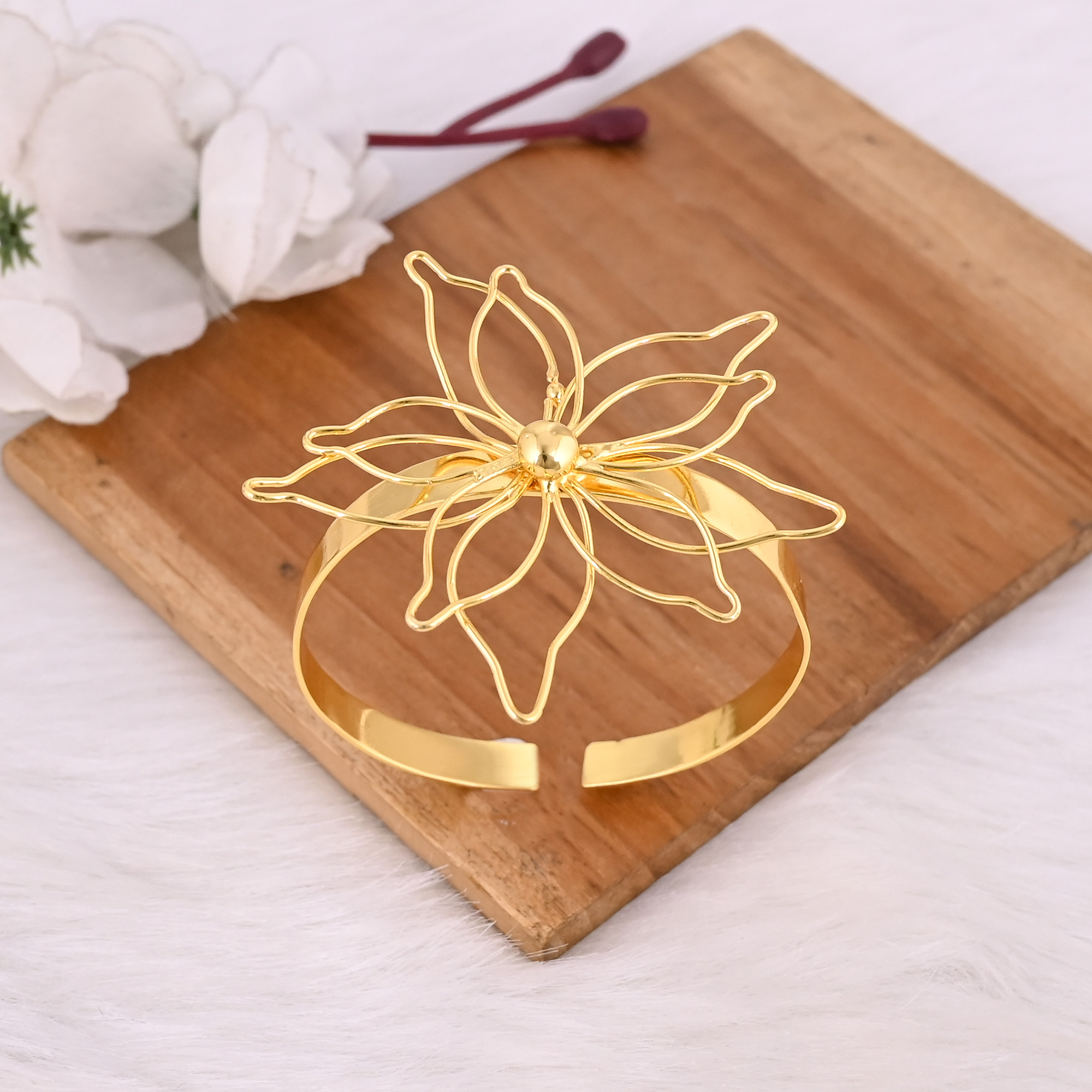 Yellow Gold Plated Brass Adjustable Cuff Floral Bangle Bracelet Handmade Charm Jewelry