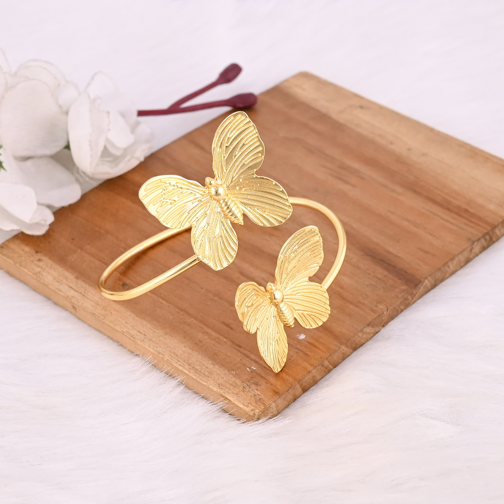 Yellow Gold Plated Brass Adjustable Cuff Butterfly Bangle Charm Jewelry Gift For Her