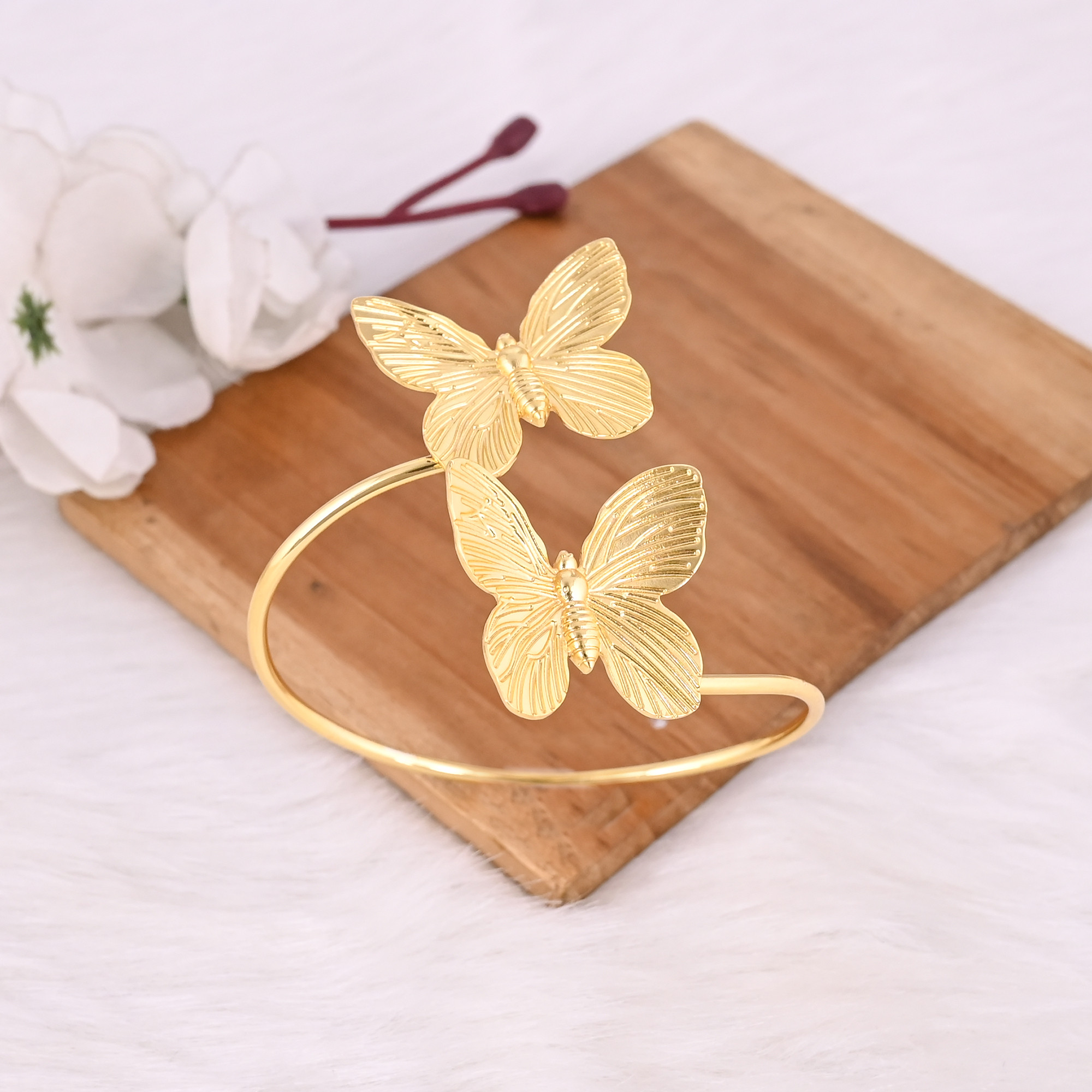 Yellow Gold Plated Brass Adjustable Cuff Butterfly Bangle Charm Jewelry Gift For Her