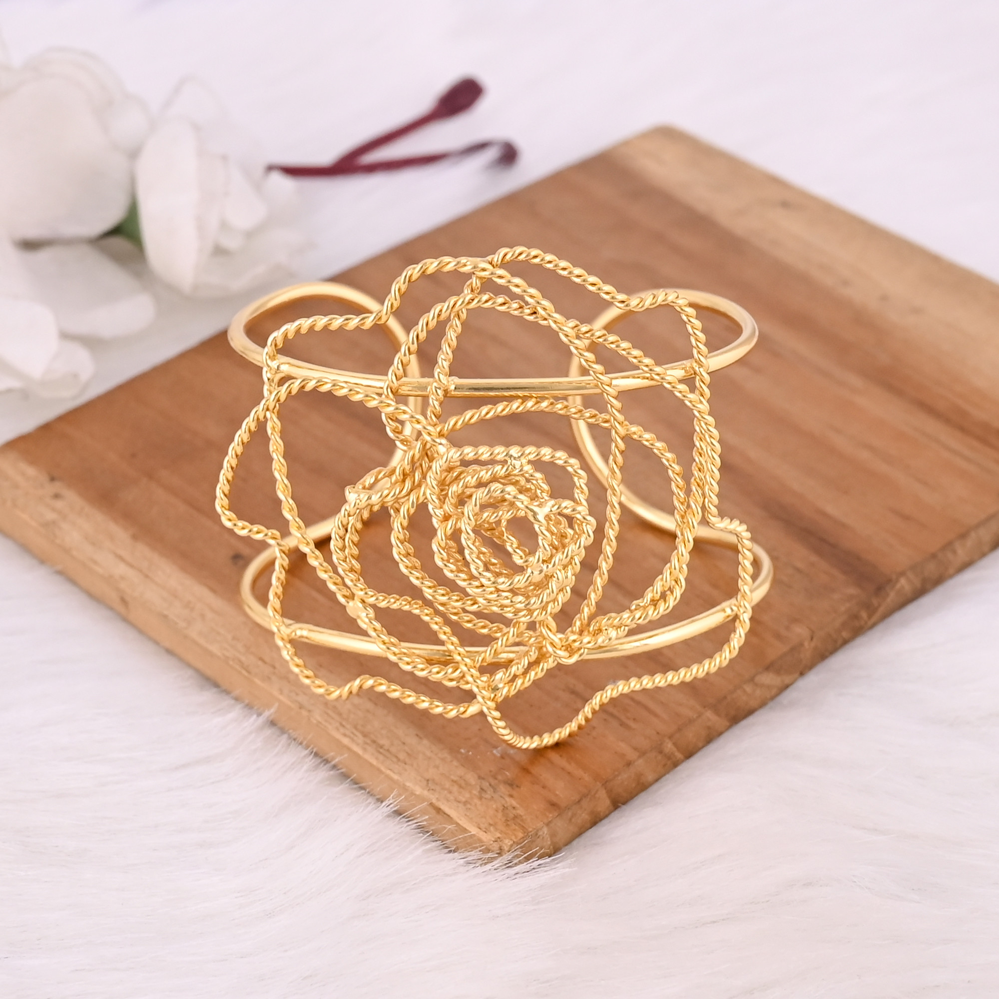 Yellow Gold Plated Brass Adjustable Cuff Bangle Bracelet Boho Designer Unique Jewelry