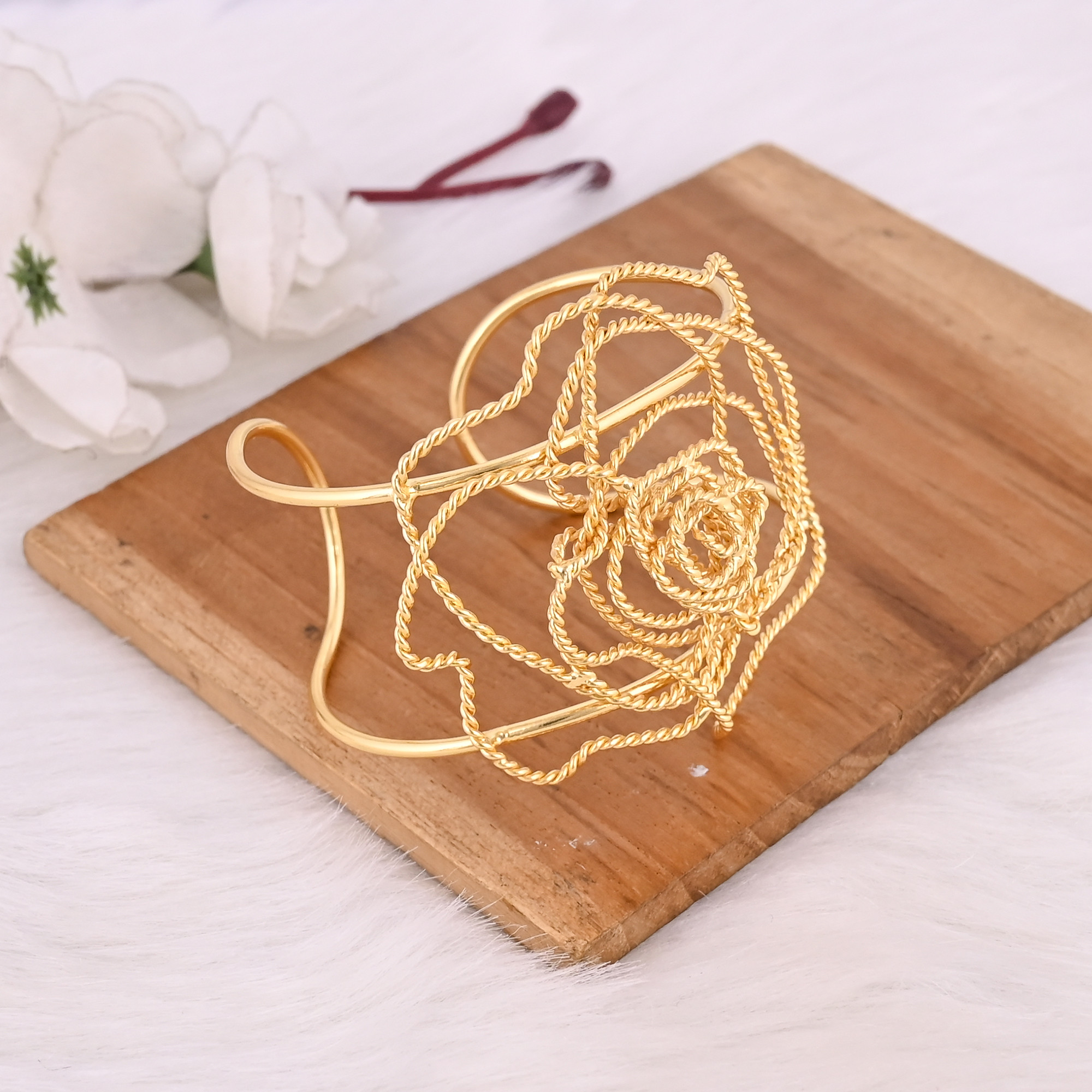 Yellow Gold Plated Brass Adjustable Cuff Bangle Bracelet Boho Designer Unique Jewelry