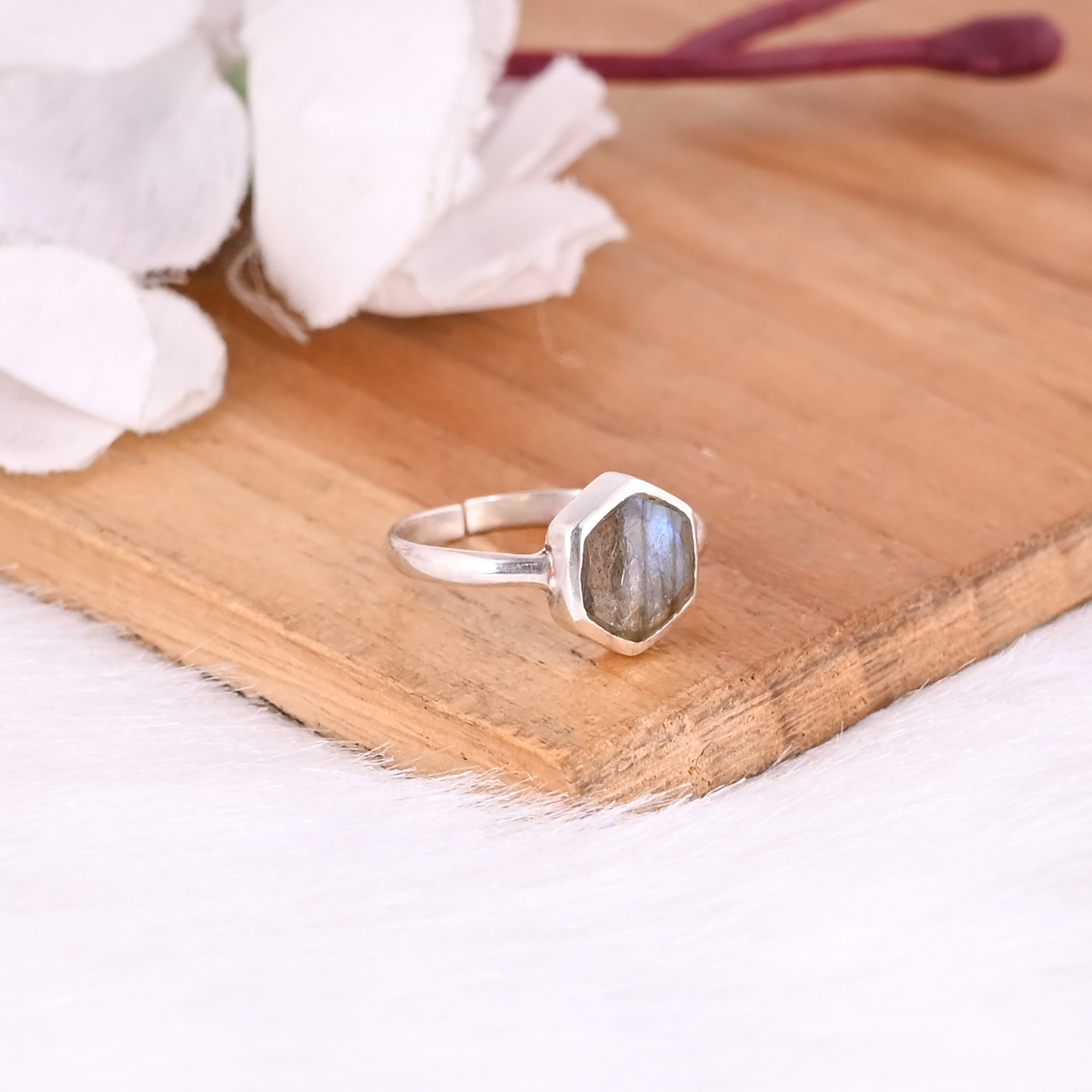 925 Sterling Silver Natural Labradorite Gemstone Minimalist Handmade Designer Birthstone Gift Adjustable Ring
