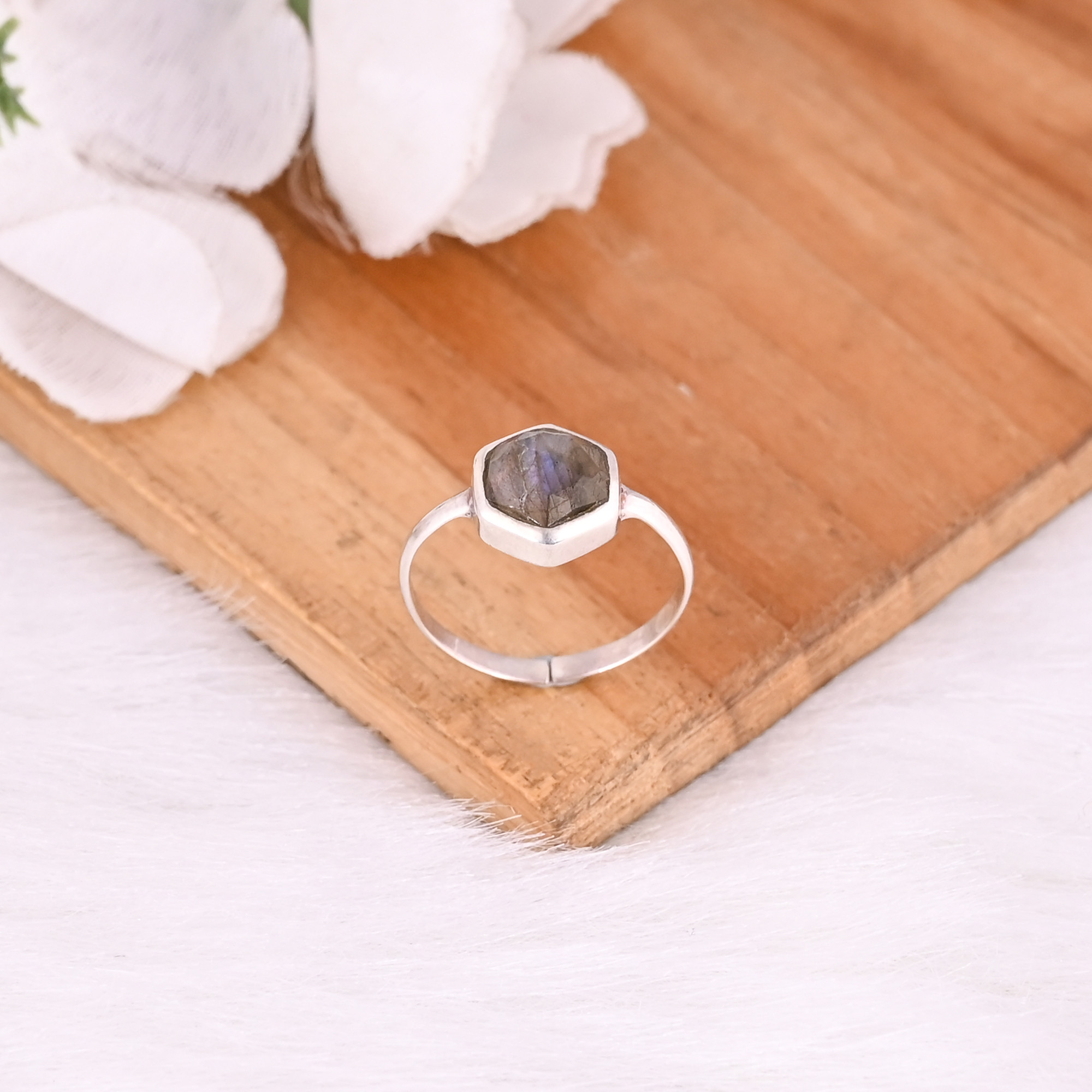 925 Sterling Silver Natural Labradorite Gemstone Minimalist Handmade Designer Birthstone Gift Adjustable Ring