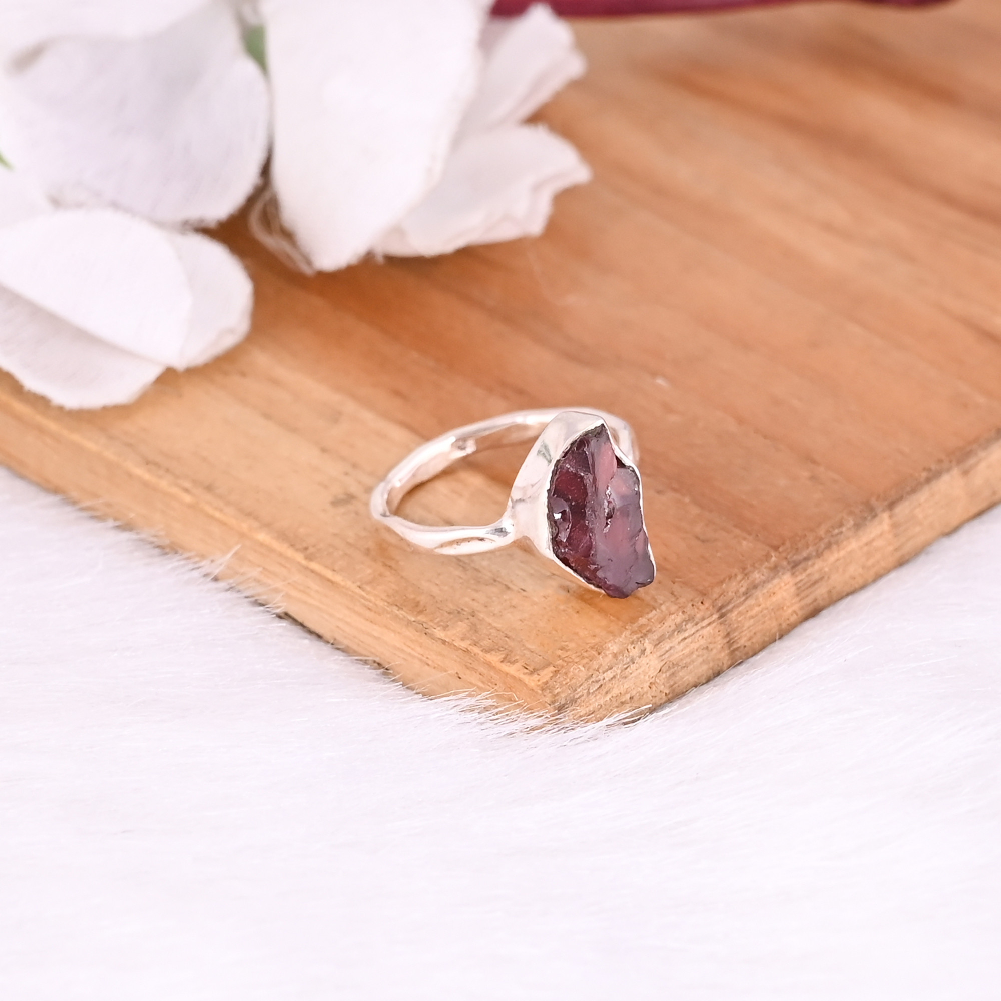 Solid 925 Sterling Silver Garnet Rough Gemstone Fine Ring Minimalist Jewelry Birthday Gift Handmade Jewelry