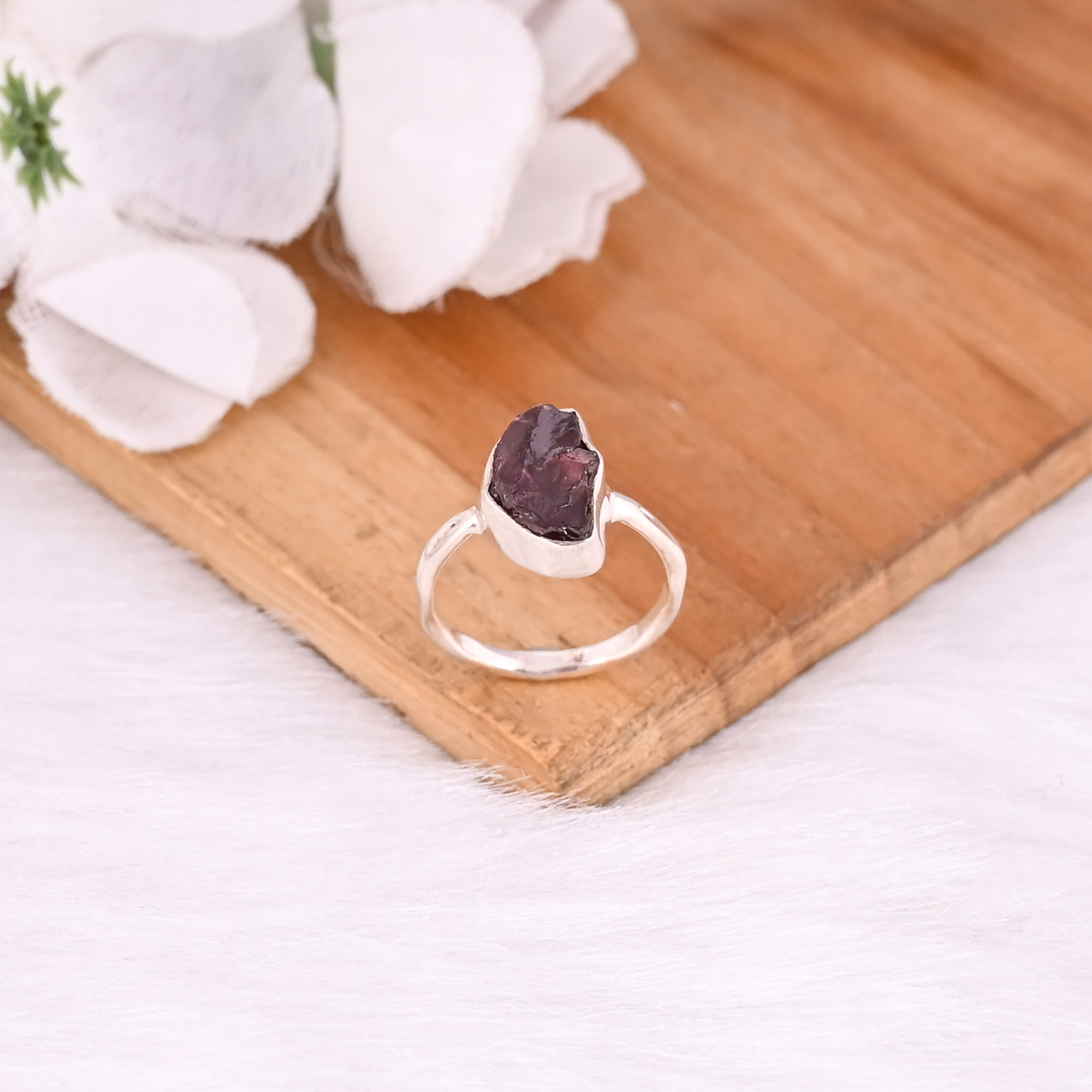 Solid 925 Sterling Silver Garnet Rough Gemstone Fine Ring Minimalist Jewelry Birthday Gift Handmade Jewelry