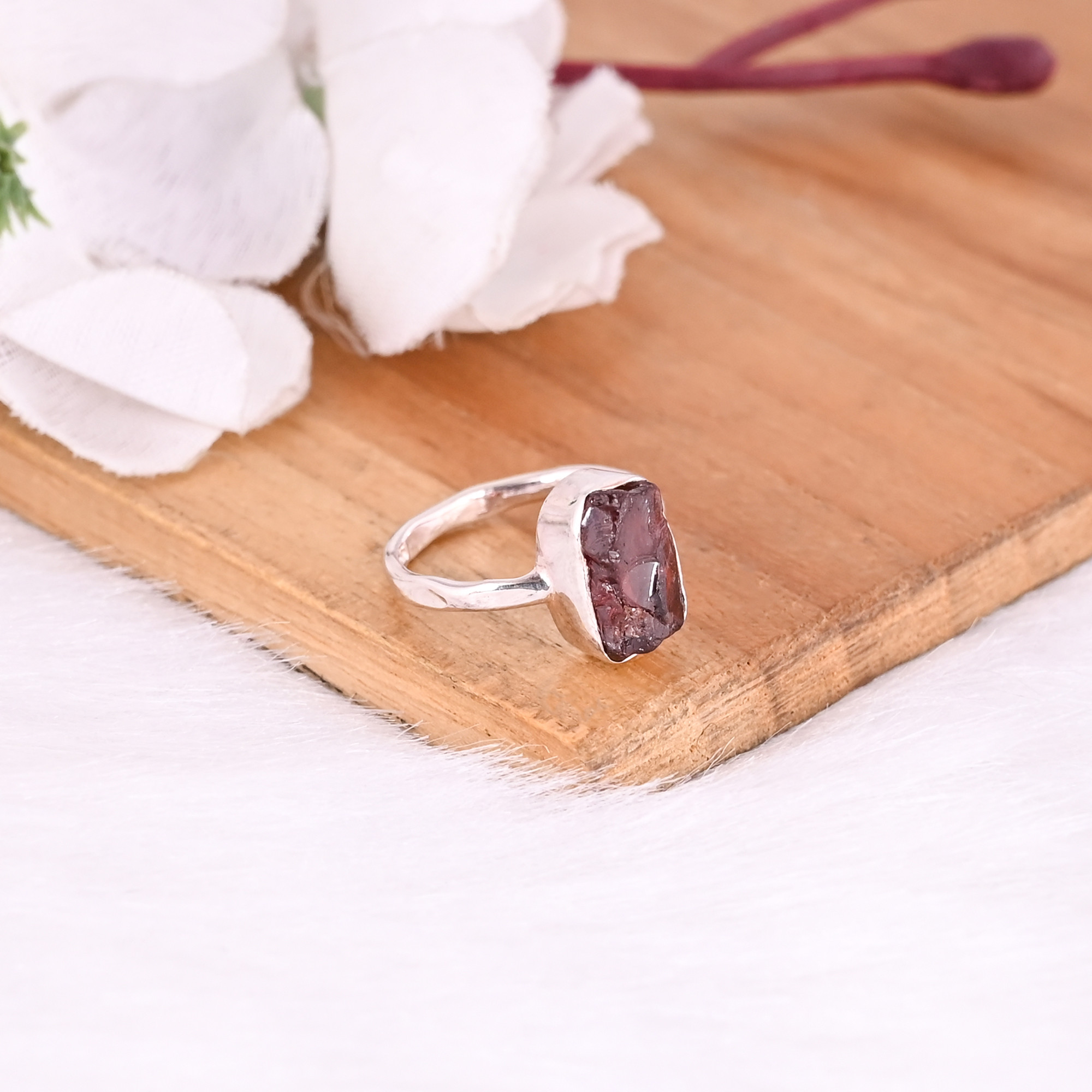 925 Sterling Solid Silver Garnet Rough Gemstone Stacking Ring Handmade Jewelry Dainty Ring Custom Jewelry Fine Jewelry