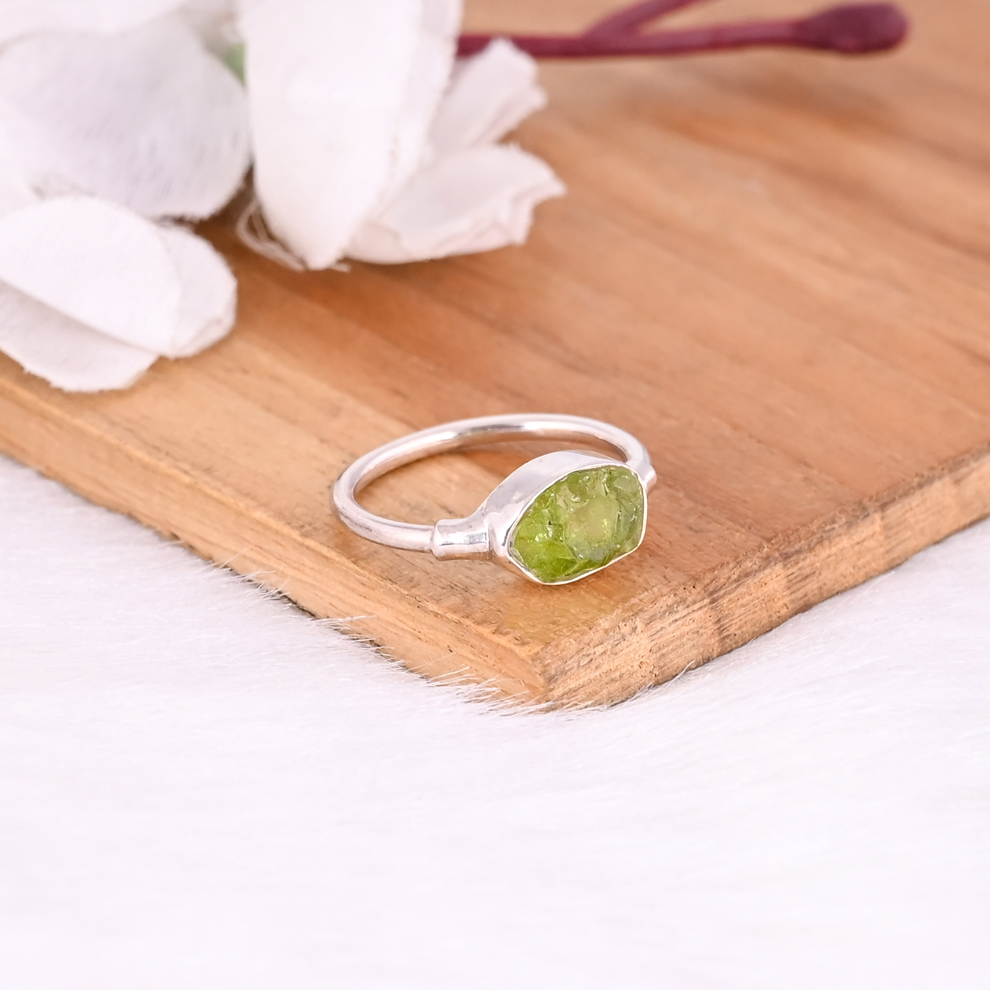 925 Sterling Silver Natural Rough Peridot Gemstone Handmade Designer Anniversary Gift Stackable Ring