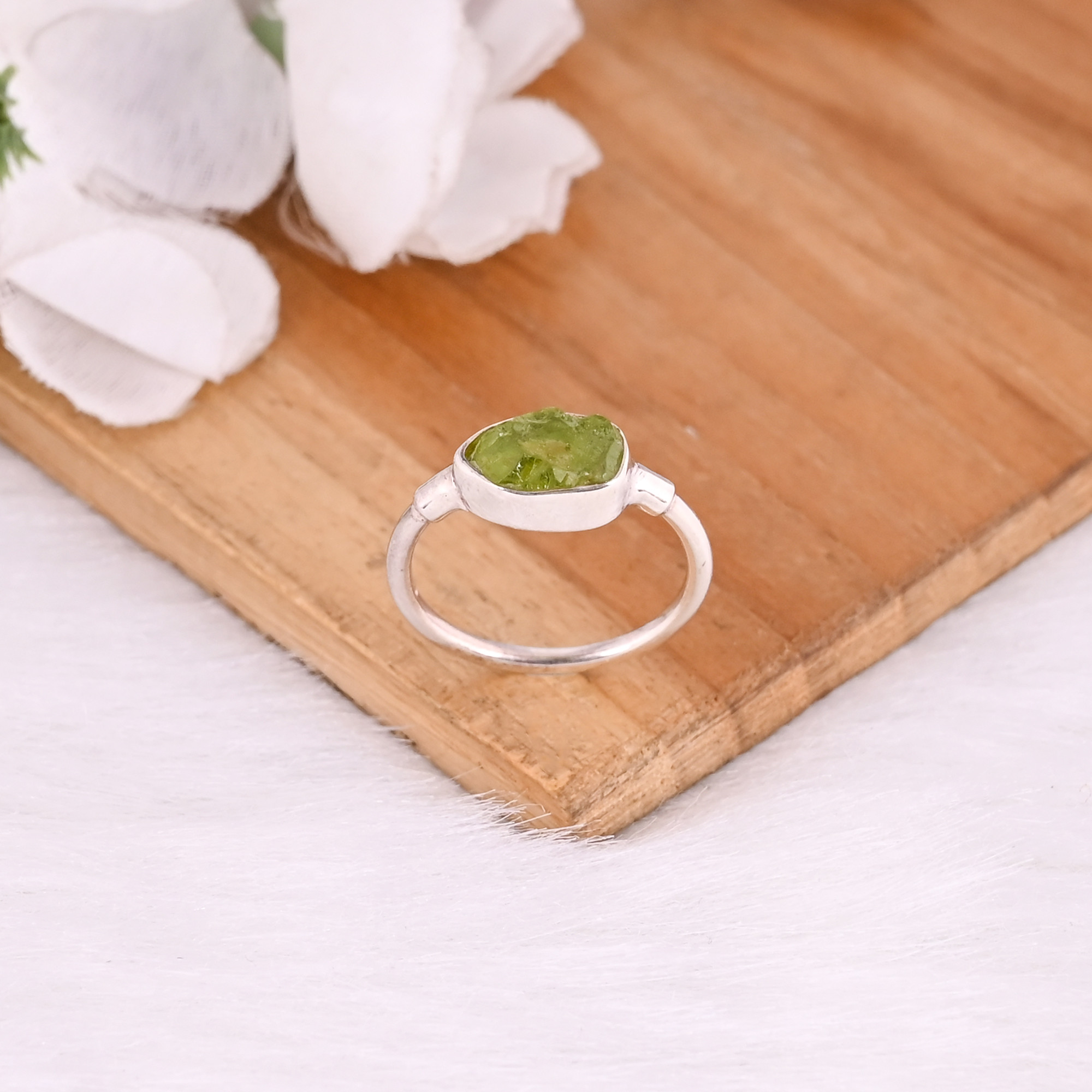 925 Sterling Silver Natural Rough Peridot Gemstone Handmade Designer Anniversary Gift Stackable Ring