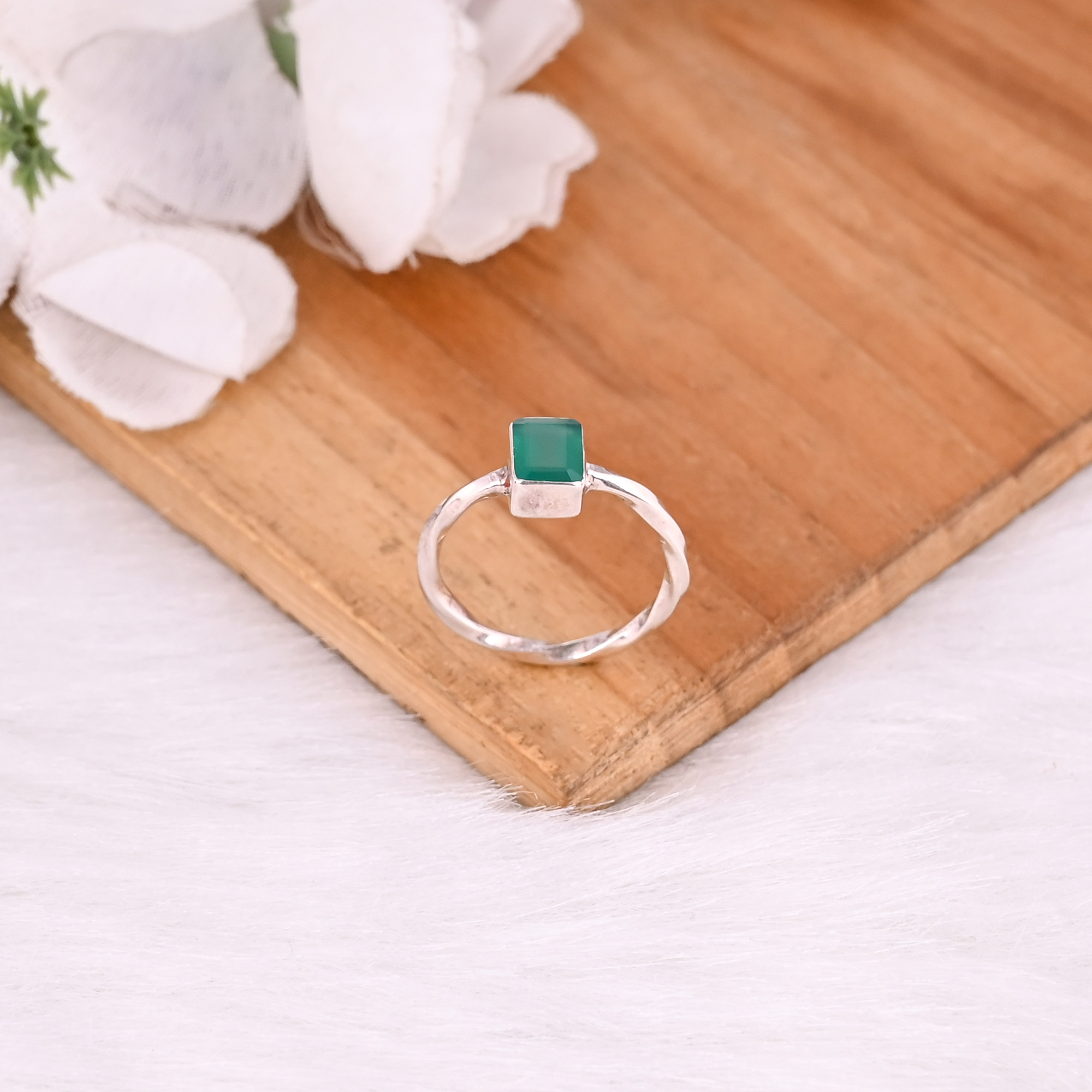 925 Sterling Solid Silver Green Onyx Gemstone Stackable Handmade Designer Dainty Ring Wholesale jewelry