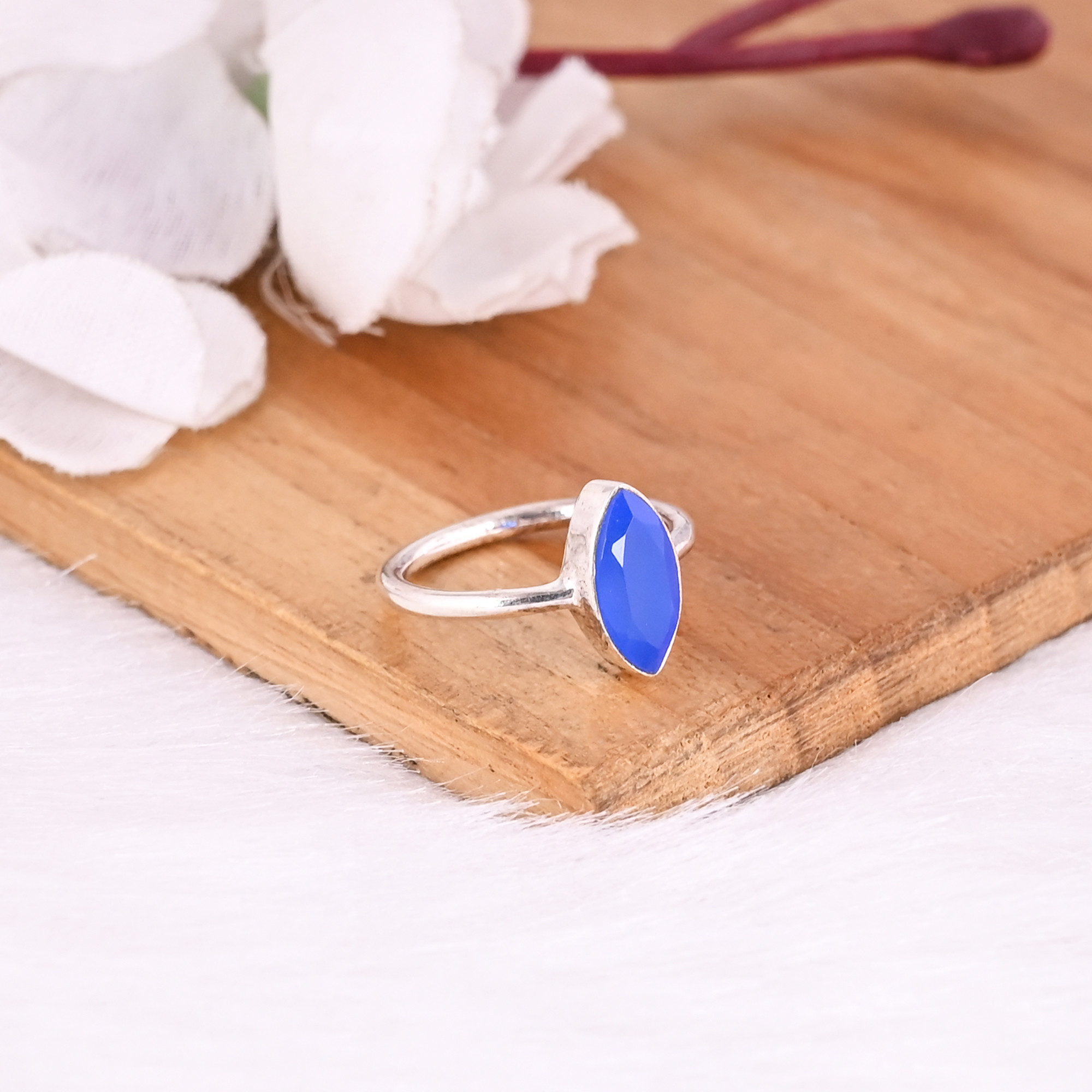 Solid 925 Sterling Silver Blue Chalcedony Marquise Shape Gemstone Fine Ring Minimalist Jewelry