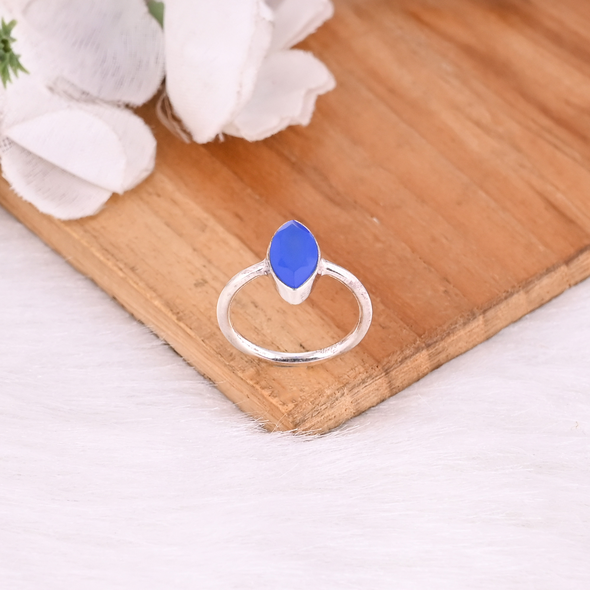 Solid 925 Sterling Silver Blue Chalcedony Marquise Shape Gemstone Fine Ring Minimalist Jewelry