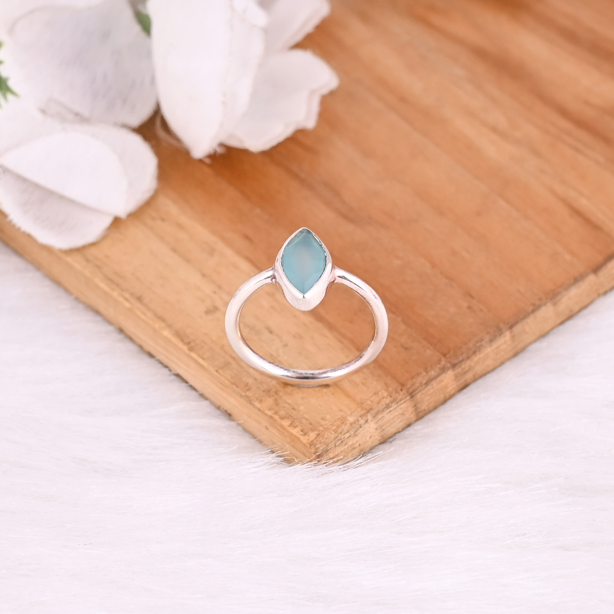 925 Sterling Silver Natural Aqua Chalcedony Marquise Shape Gemstone Stacking Band Ring Lightweight Jewelry