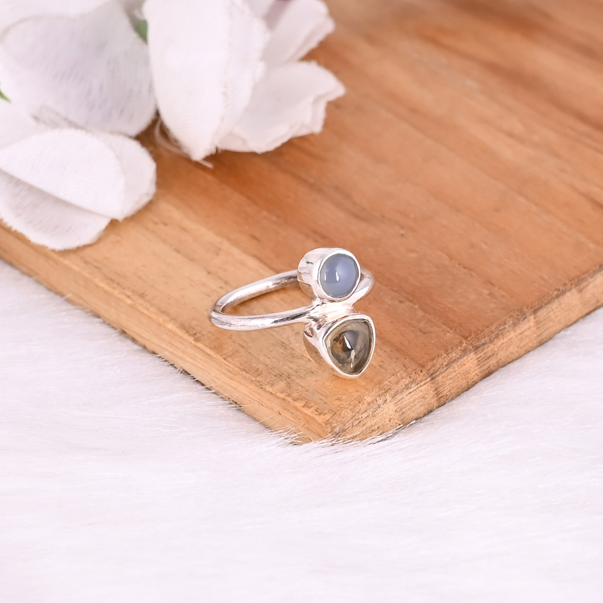 Solid 925 Sterling Silver Natural Tourmaline  Blue Chalcedony Stackable Dailywear Ring Statement Jewelry