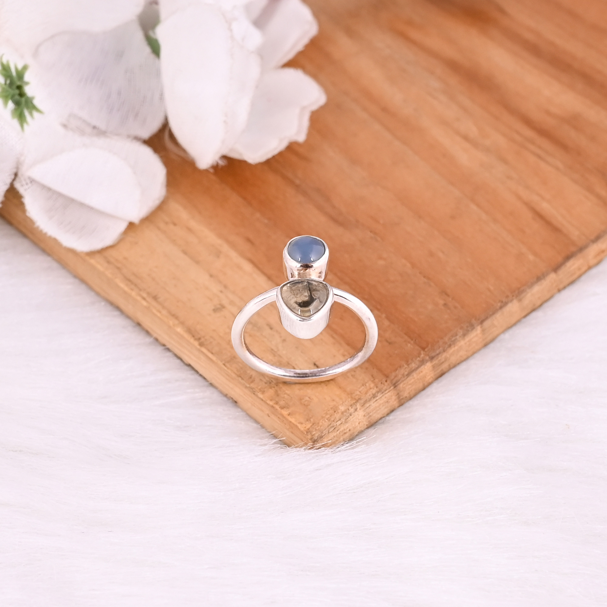 Solid 925 Sterling Silver Natural Tourmaline  Blue Chalcedony Stackable Dailywear Ring Statement Jewelry