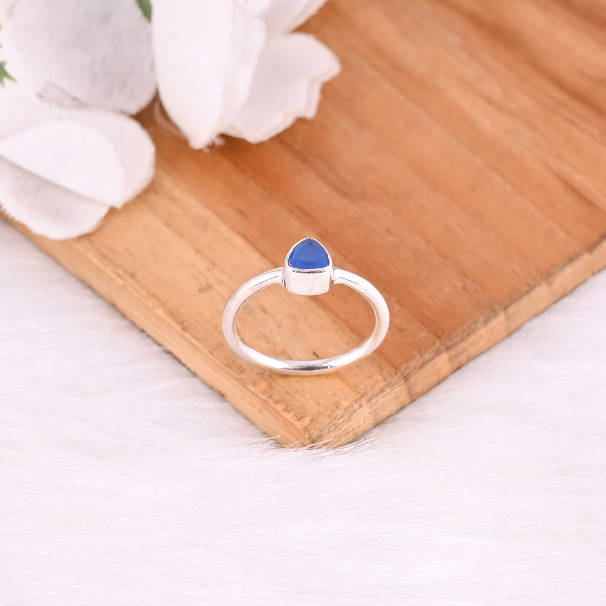 925 Sterling Silver Natural Blue Chalcedony Trillion Shape Gemstone Stackable Ring Anniversary Gifts Ring