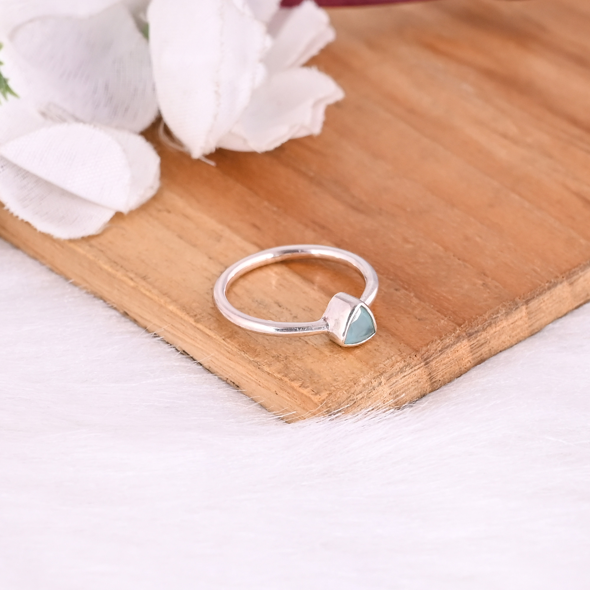 925 Sterling Silver Natural Aqua Chalcedony Trillion Gemstone Handmade Stacking Ring Women Jewelry Fine Rings