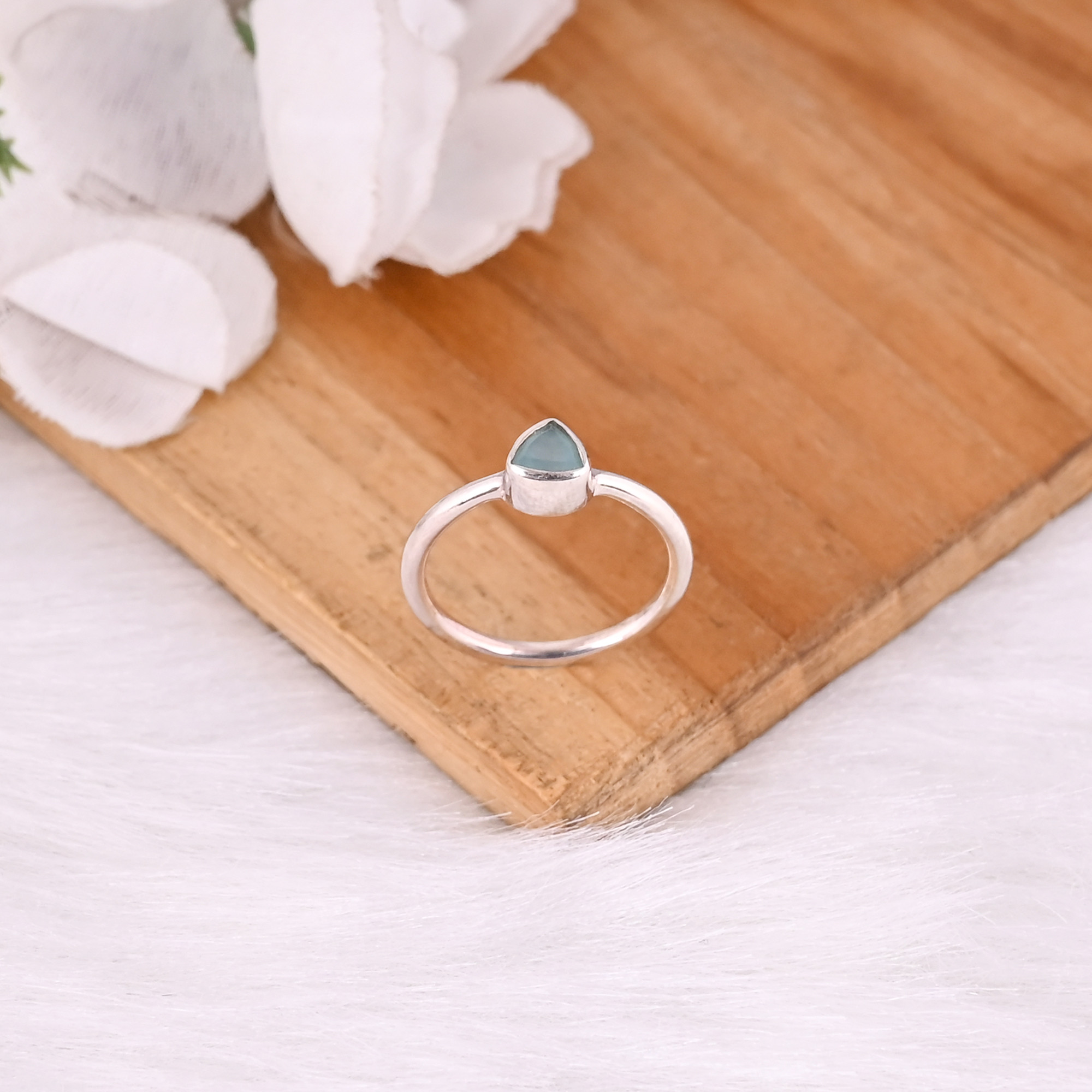 925 Sterling Silver Natural Aqua Chalcedony Trillion Gemstone Handmade Stacking Ring Women Jewelry Fine Rings