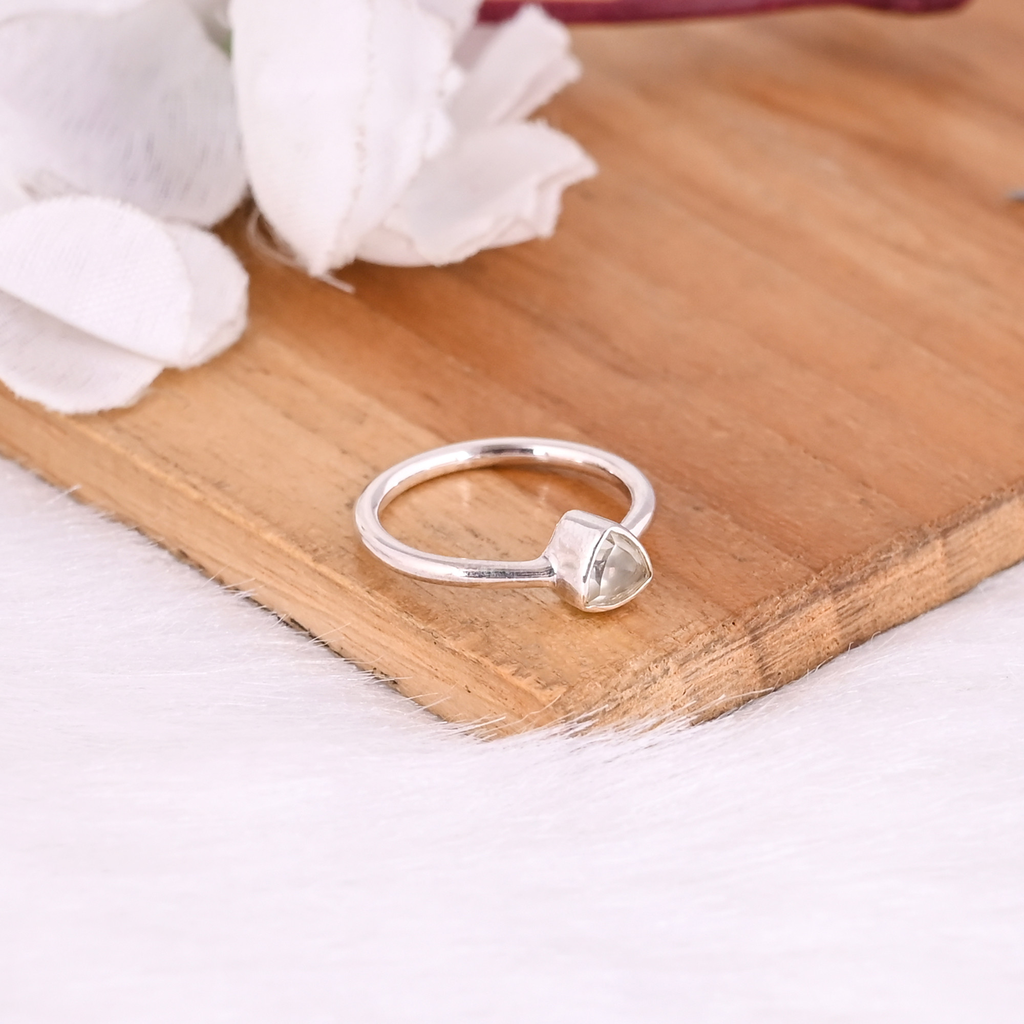 925 Sterling Silver Natural Green Amethyst Trillion Gemstone Handmade Stacking Ring Minimalist Jewelry