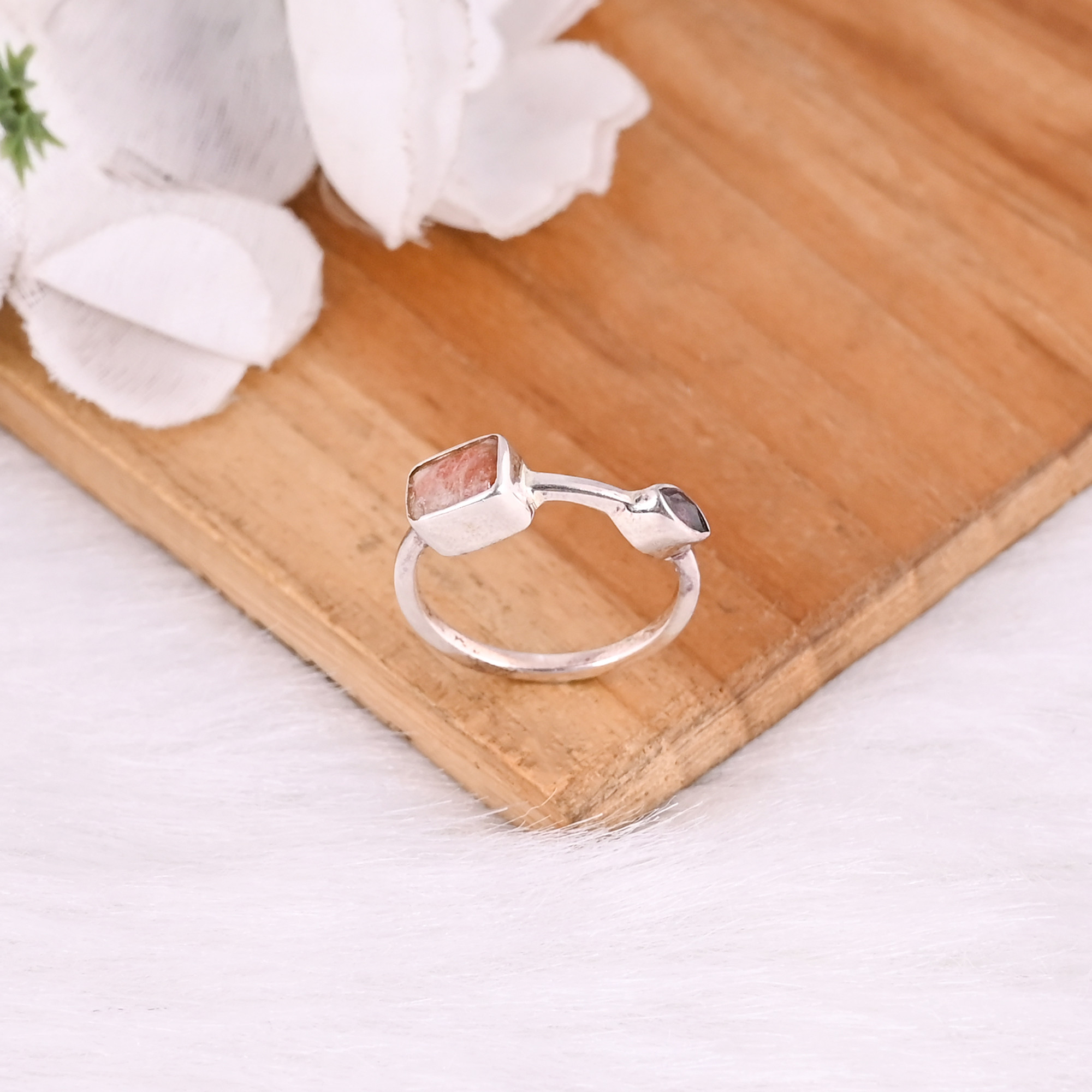 925 Sterling Solid Silver Natural Tourmaline  Sunstone Gemstone Stackable Ring Wholesale Jewelry