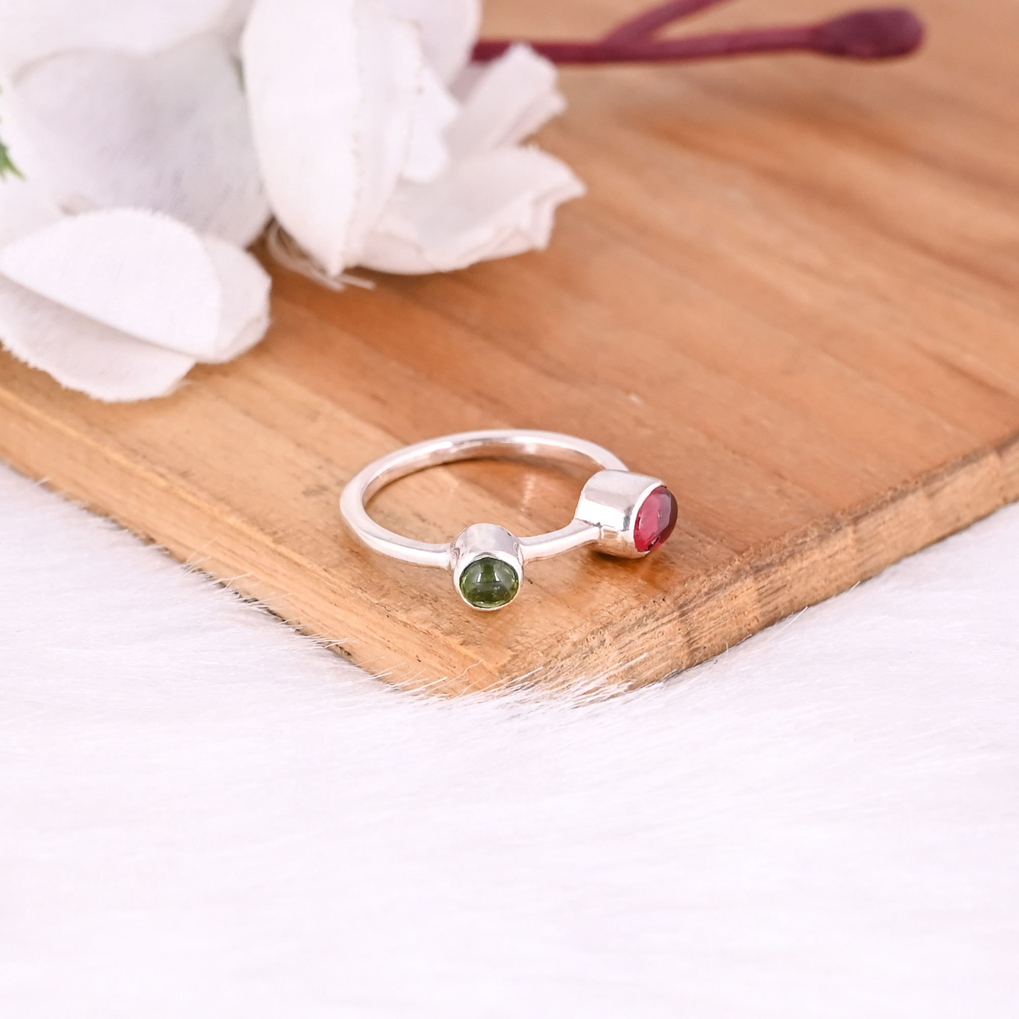 925 Sterling Solid Silver Natural Green  Pink Tourmaline Gemstone Dailywear Ring Handmade Jewelry