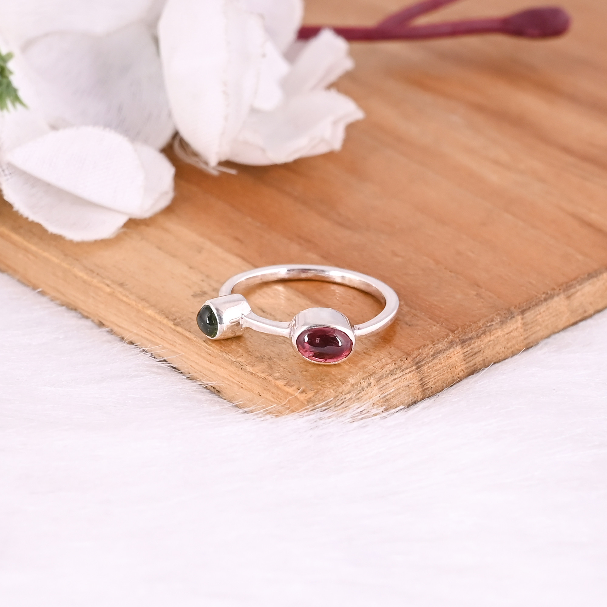 925 Sterling Solid Silver Natural Green  Pink Tourmaline Gemstone Dailywear Ring Handmade Jewelry