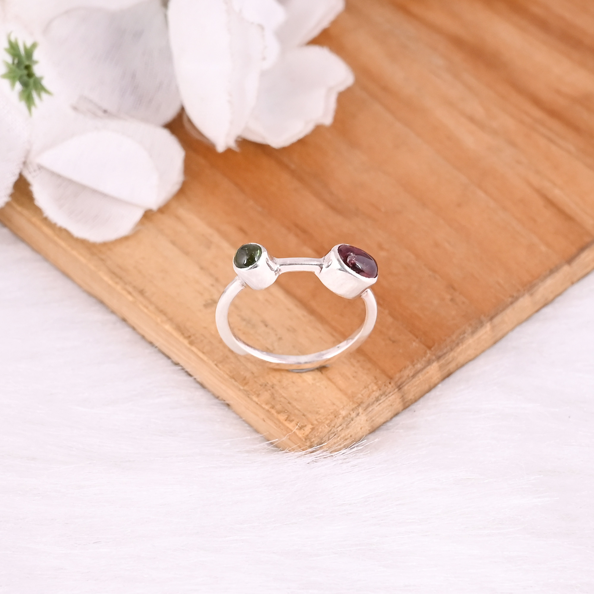 925 Sterling Solid Silver Natural Green  Pink Tourmaline Gemstone Dailywear Ring Handmade Jewelry