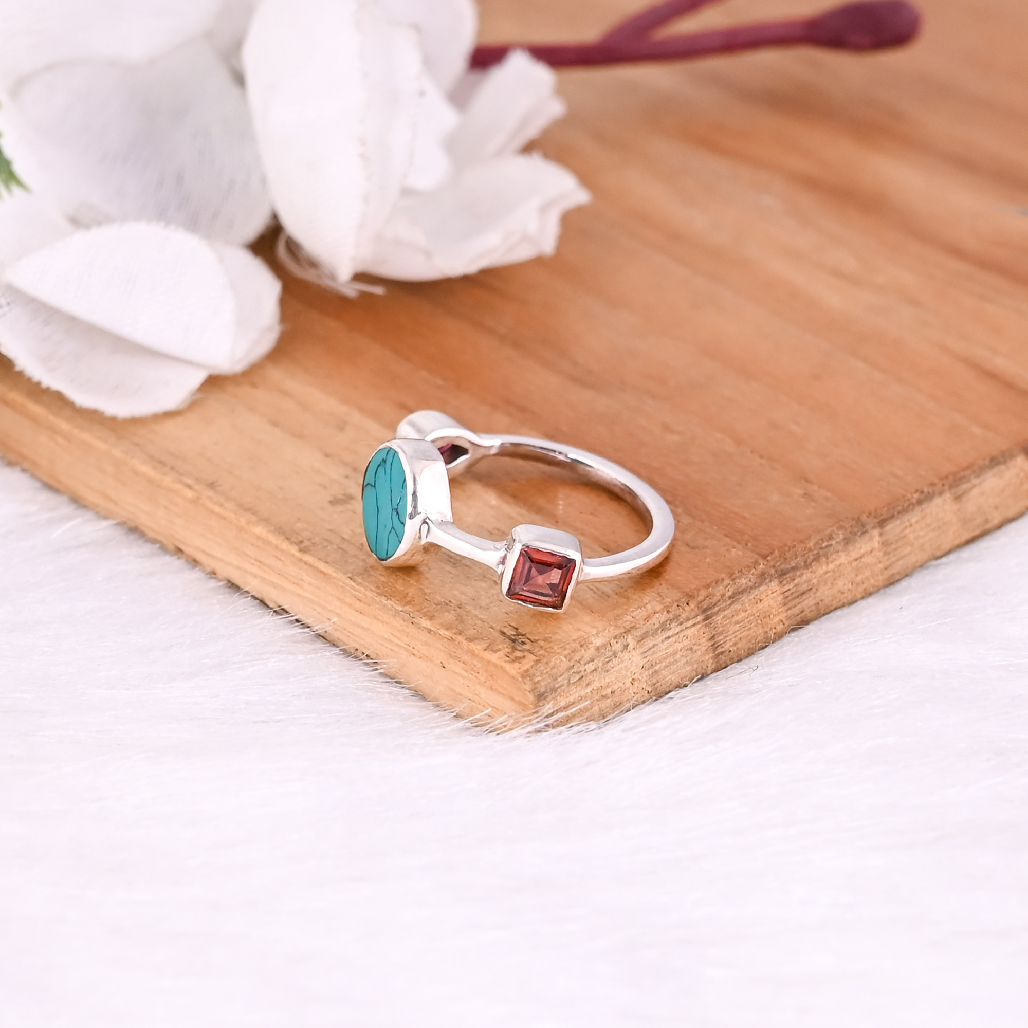 925 Sterling Solid Silver Turquoise Garnet Tourmaline Gemstone Stackable Band Handmade Designer Minimalist Wholesale Ring
