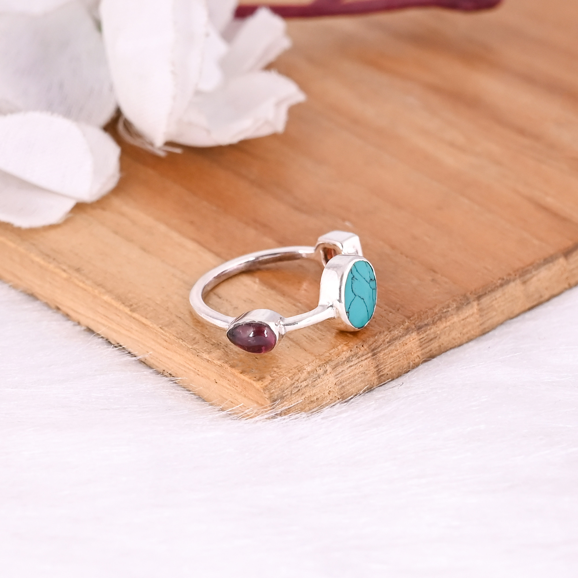 925 Sterling Solid Silver Turquoise Garnet Tourmaline Gemstone Stackable Band Handmade Designer Minimalist Wholesale Ring