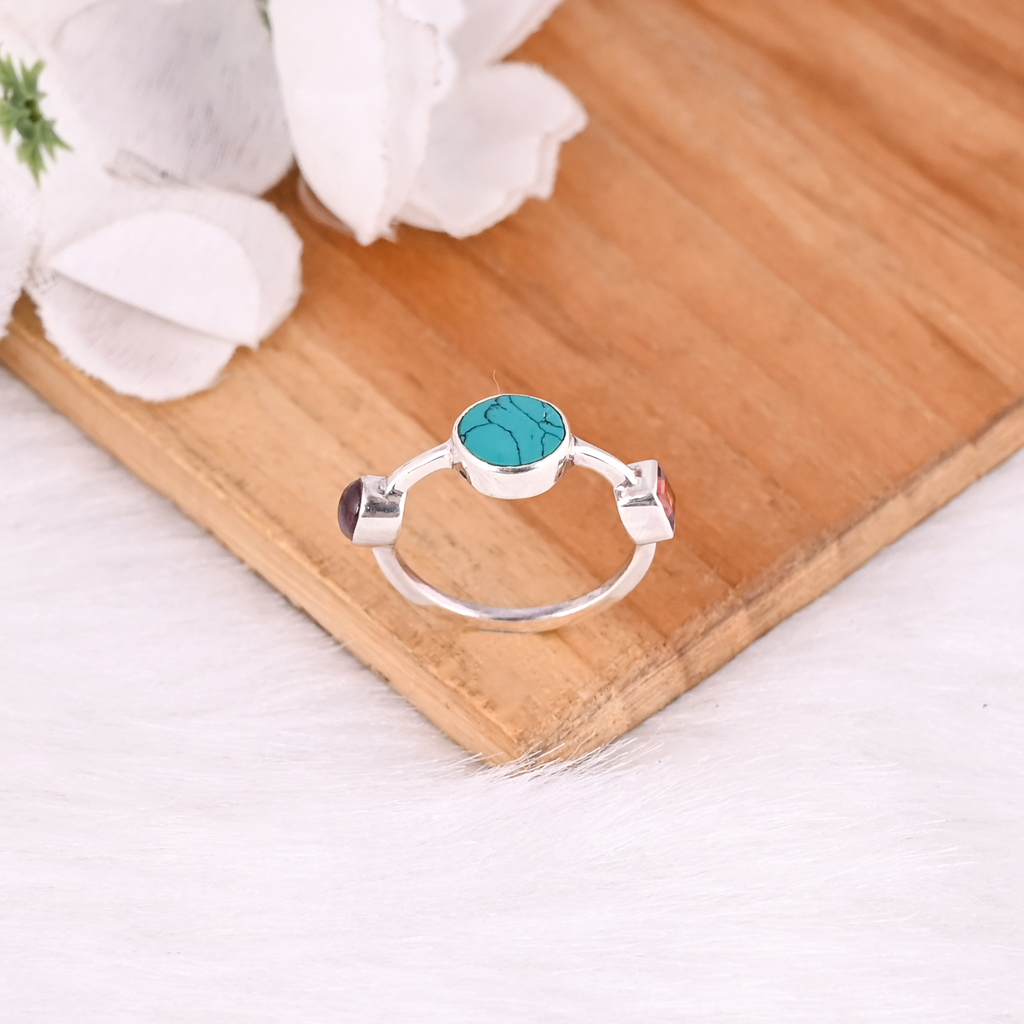 925 Sterling Solid Silver Turquoise Garnet Tourmaline Gemstone Stackable Band Handmade Designer Minimalist Wholesale Ring