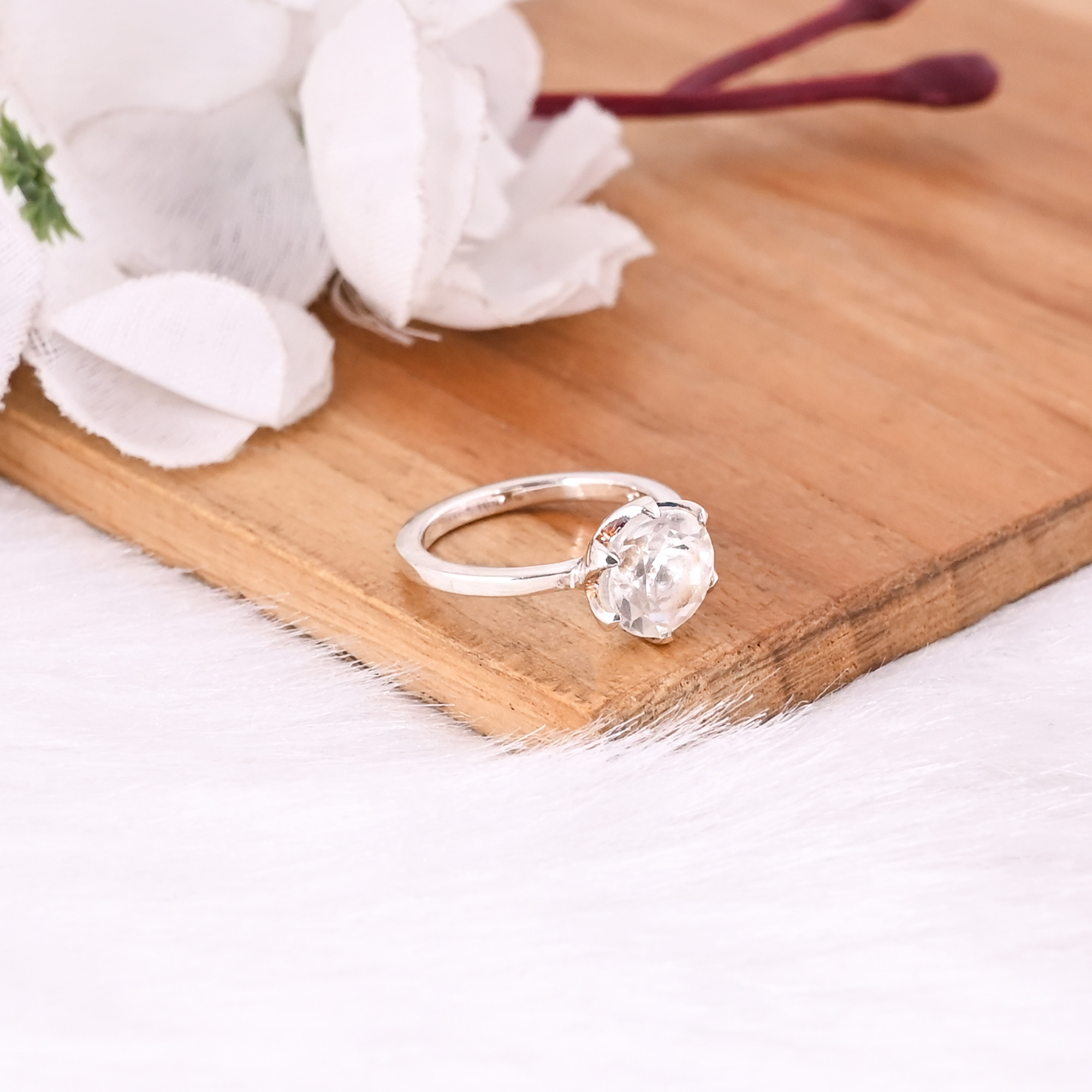 925 Sterling Solid Silver Crystal Quartz Round Gemstone Prong Setting Stacking Band Wedding Engagement Gift Ring Wholesale Ring
