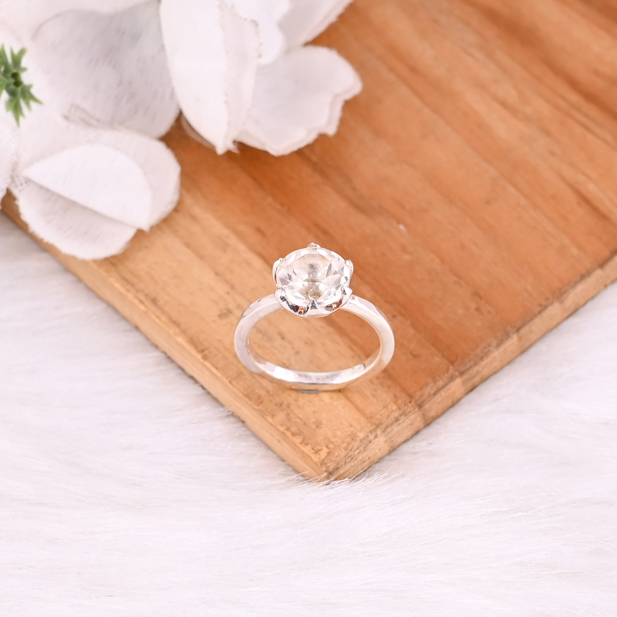 925 Sterling Solid Silver Crystal Quartz Round Gemstone Prong Setting Stacking Band Wedding Engagement Gift Ring Wholesale Ring