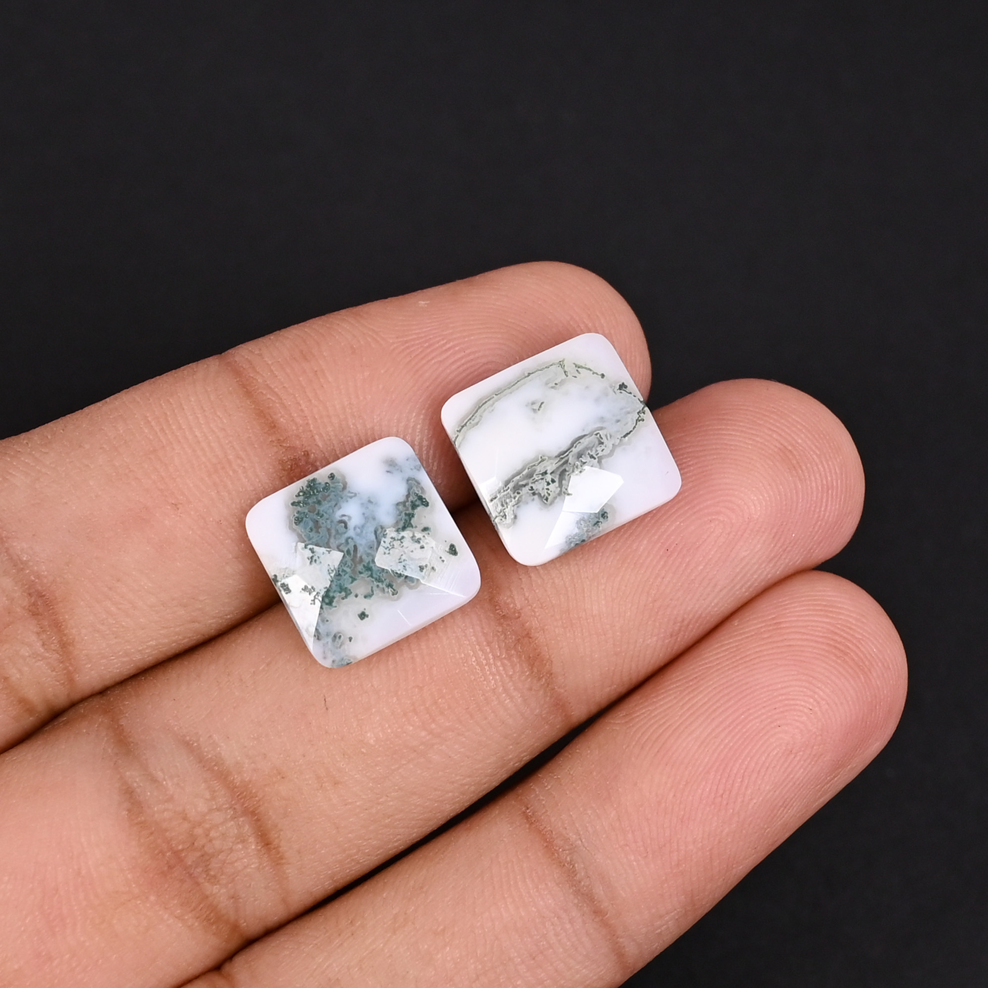 Natural Moss Agate 107 Carat 1 Pair Weight  12x12mm Cushion Shape Loose Gemstone