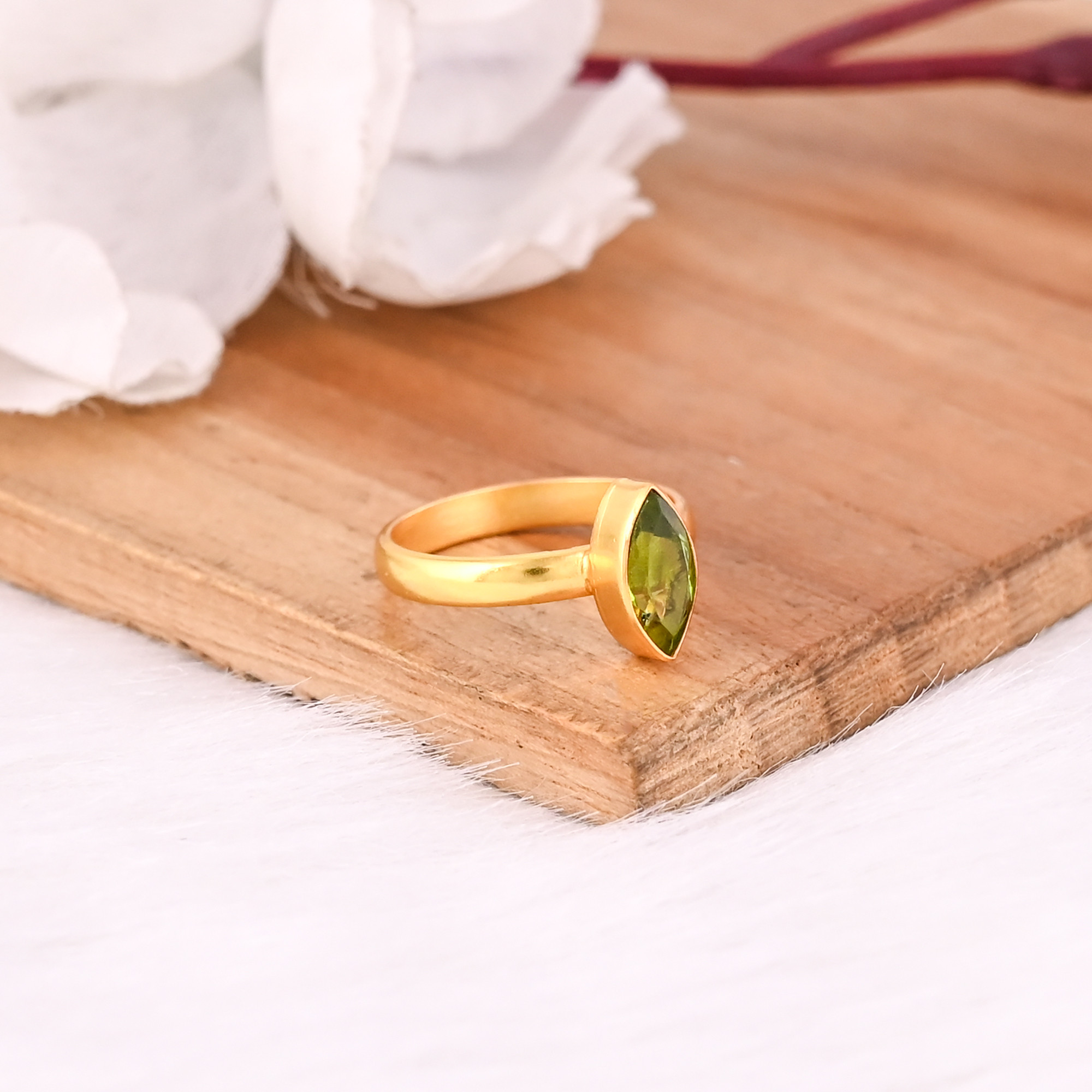 925 Sterling Silver Natural Peridot Gemstone Marquise Shape Handmade Stackable Ring Yellow Gold Plated Women Gift Fine Ring