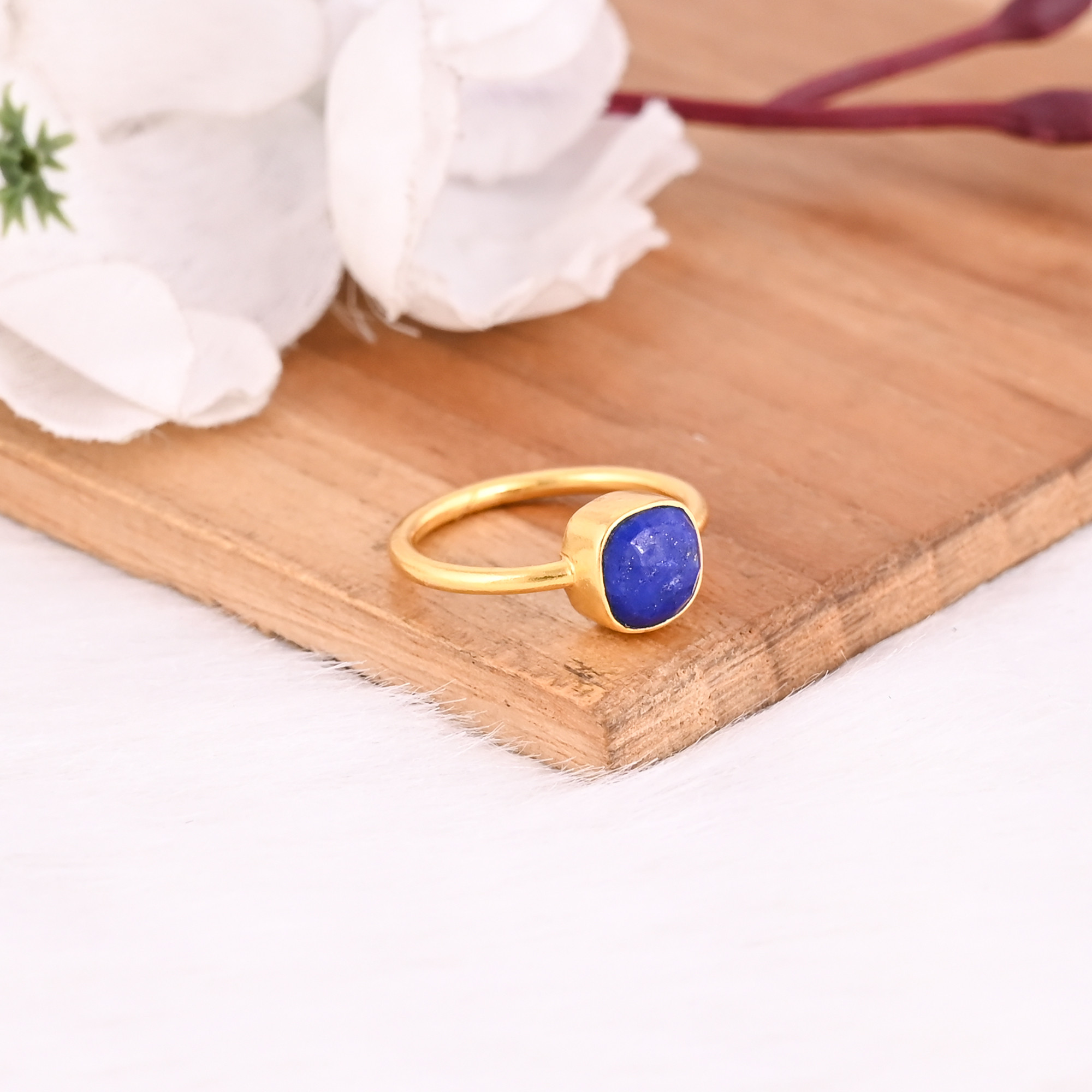 Solid 925 Sterling Silver Lapis Lazuli Cushion Shape Gemstone Yellow Gold Plated Handmade Designer Ring