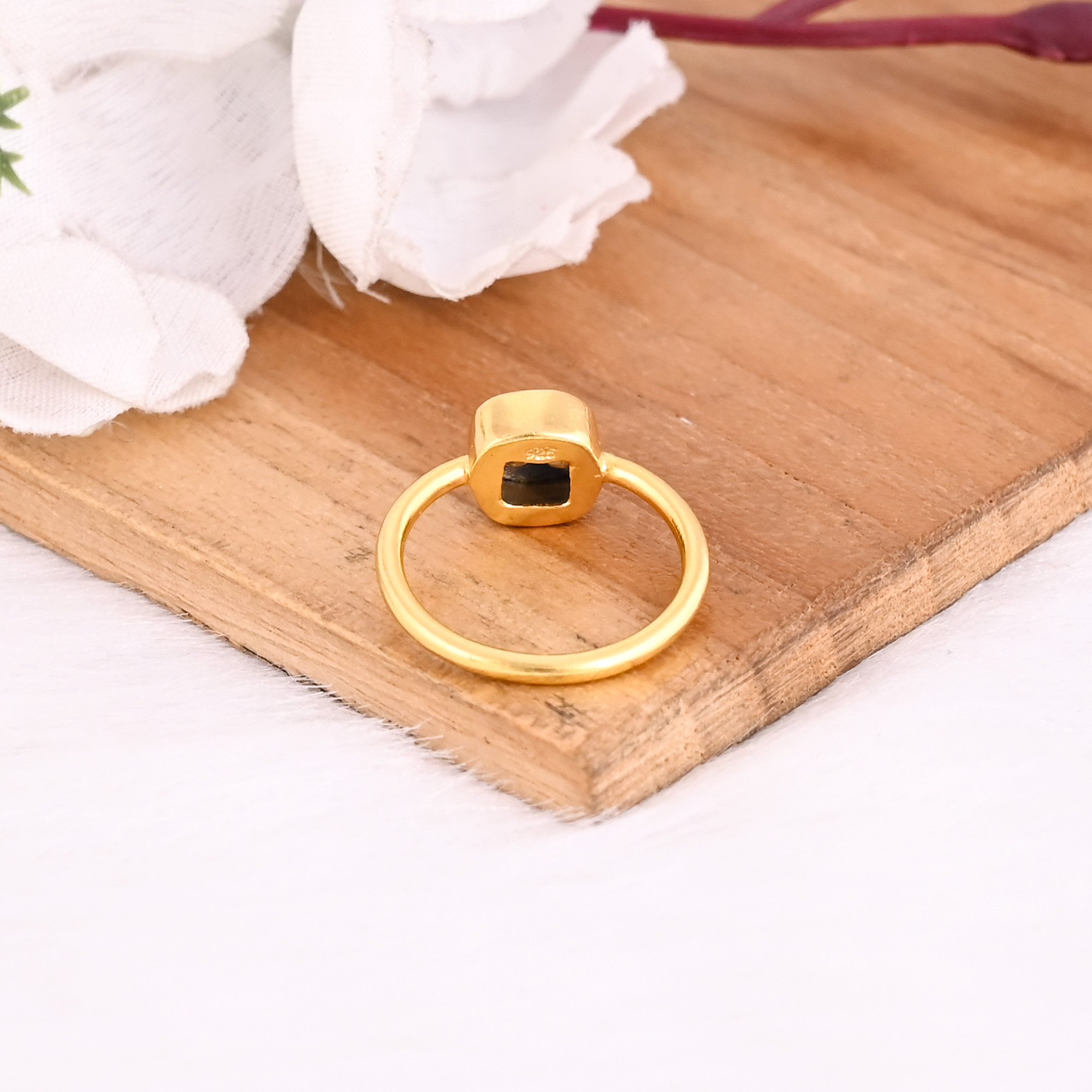 Solid 925 Sterling Silver Lapis Lazuli Cushion Shape Gemstone Yellow Gold Plated Handmade Designer Ring