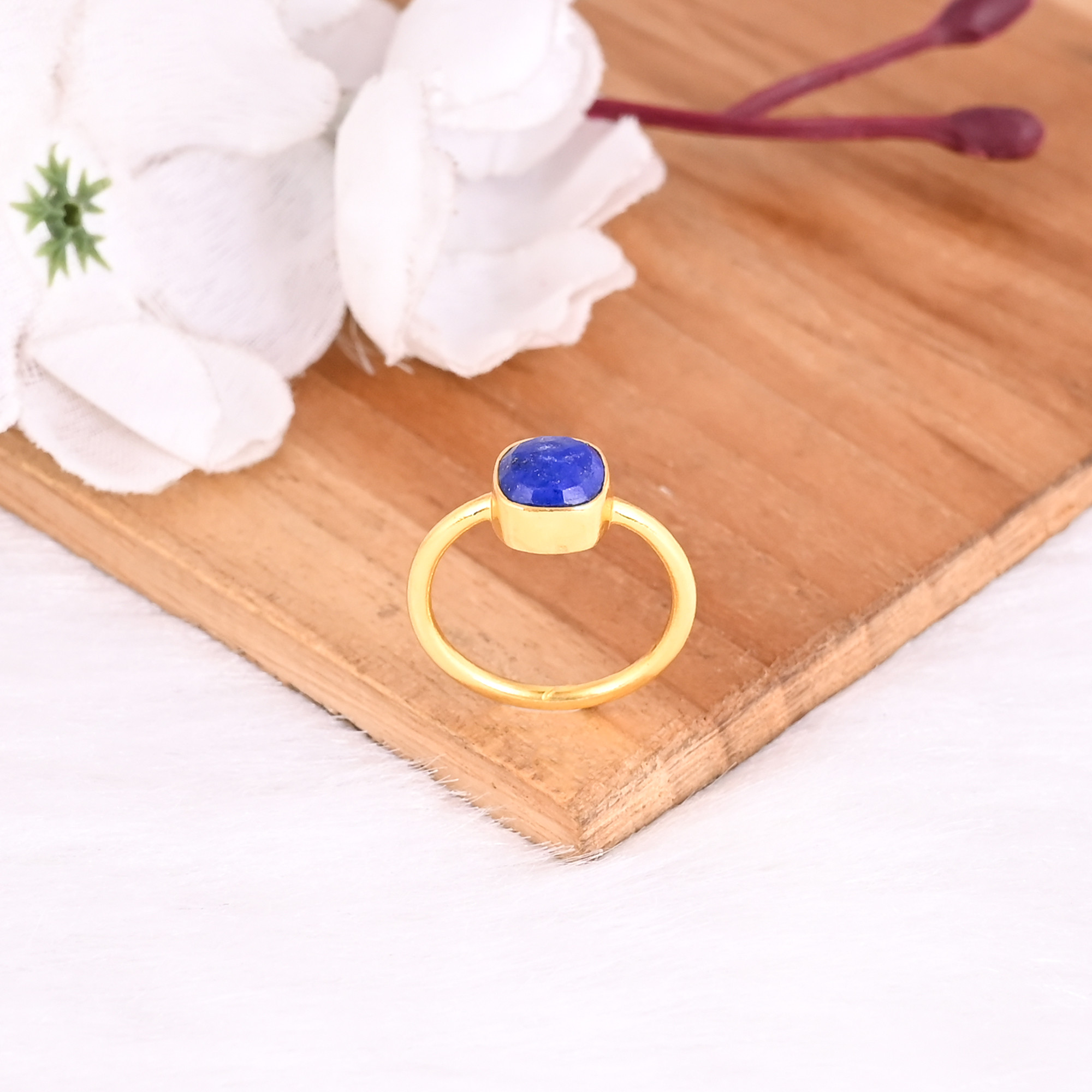 Solid 925 Sterling Silver Lapis Lazuli Cushion Shape Gemstone Yellow Gold Plated Handmade Designer Ring