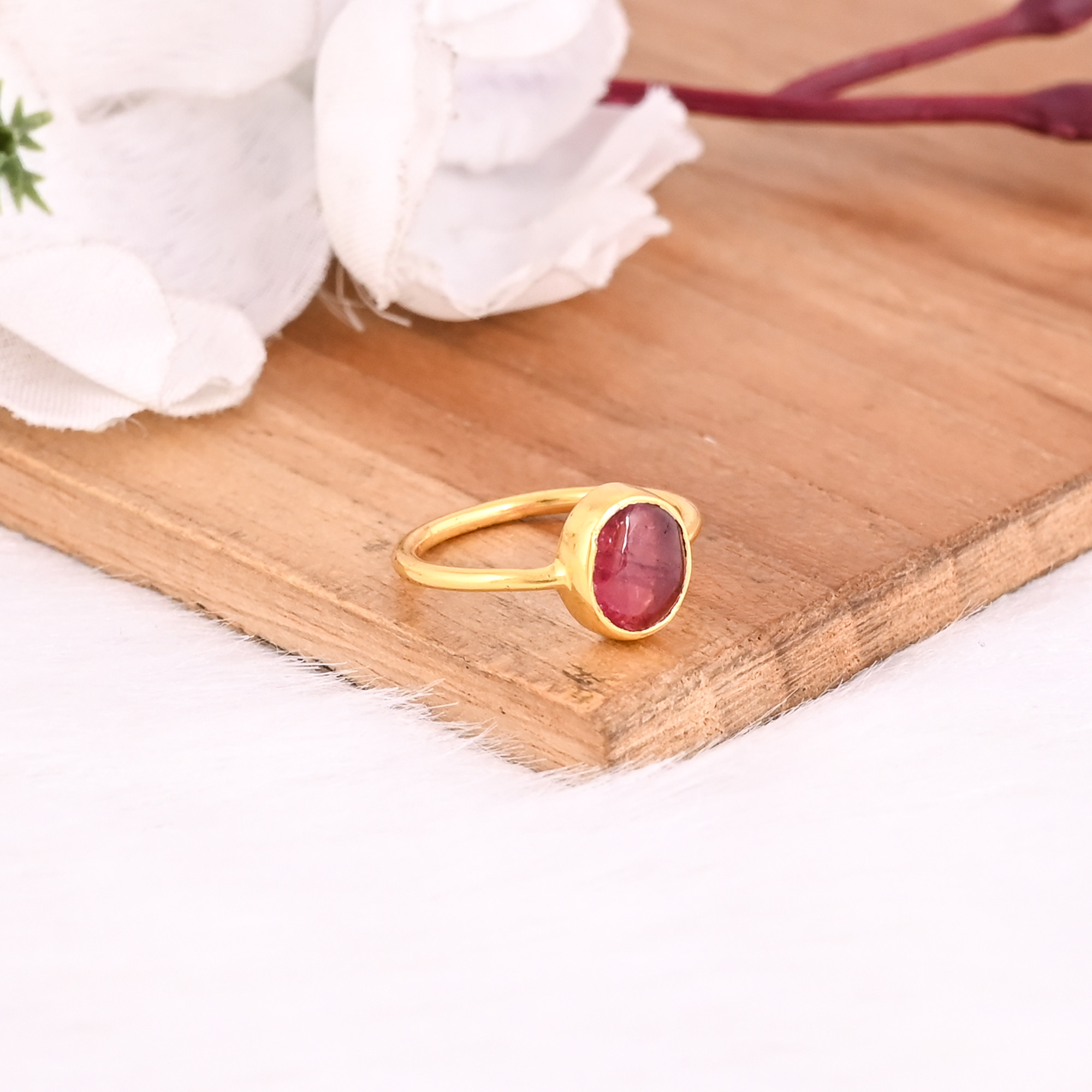 925 Sterling Silver Natural Pink Tourmaline Yellow Gold Plated Handmade Designer Minimalist Ring