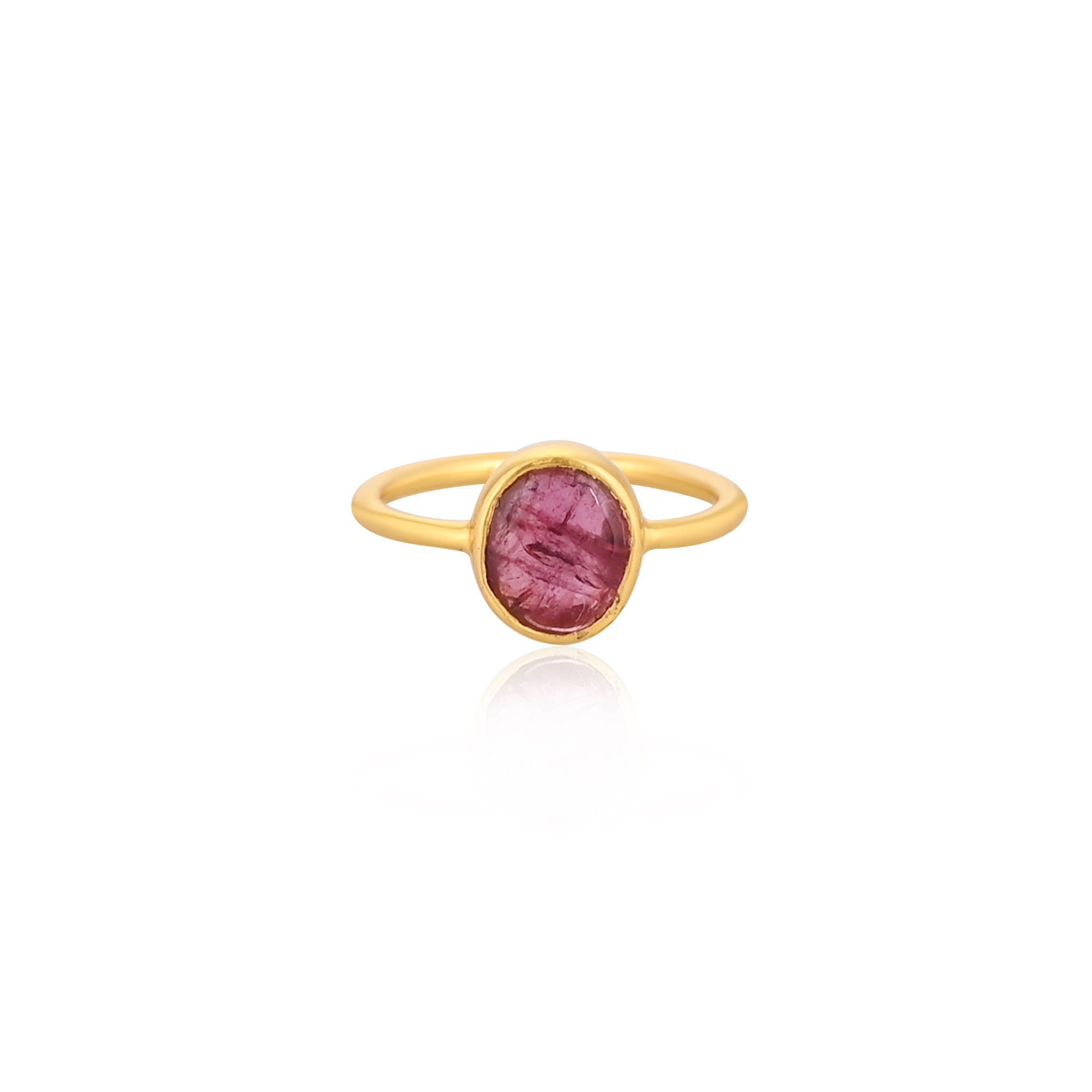 925 Sterling Silver Natural Pink Tourmaline Yellow Gold Plated Handmade Designer Minimalist Ring