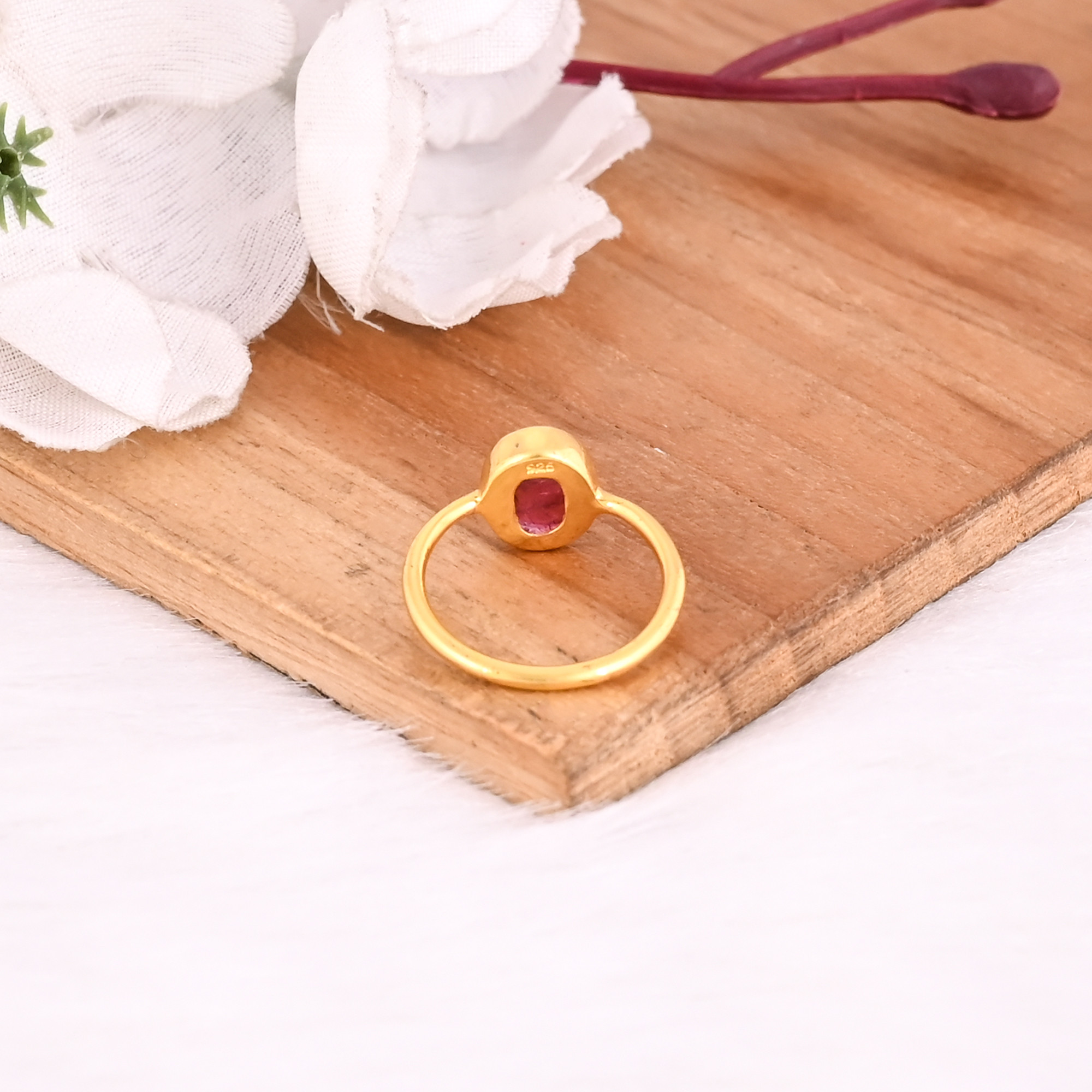 925 Sterling Silver Natural Pink Tourmaline Yellow Gold Plated Handmade Designer Minimalist Ring