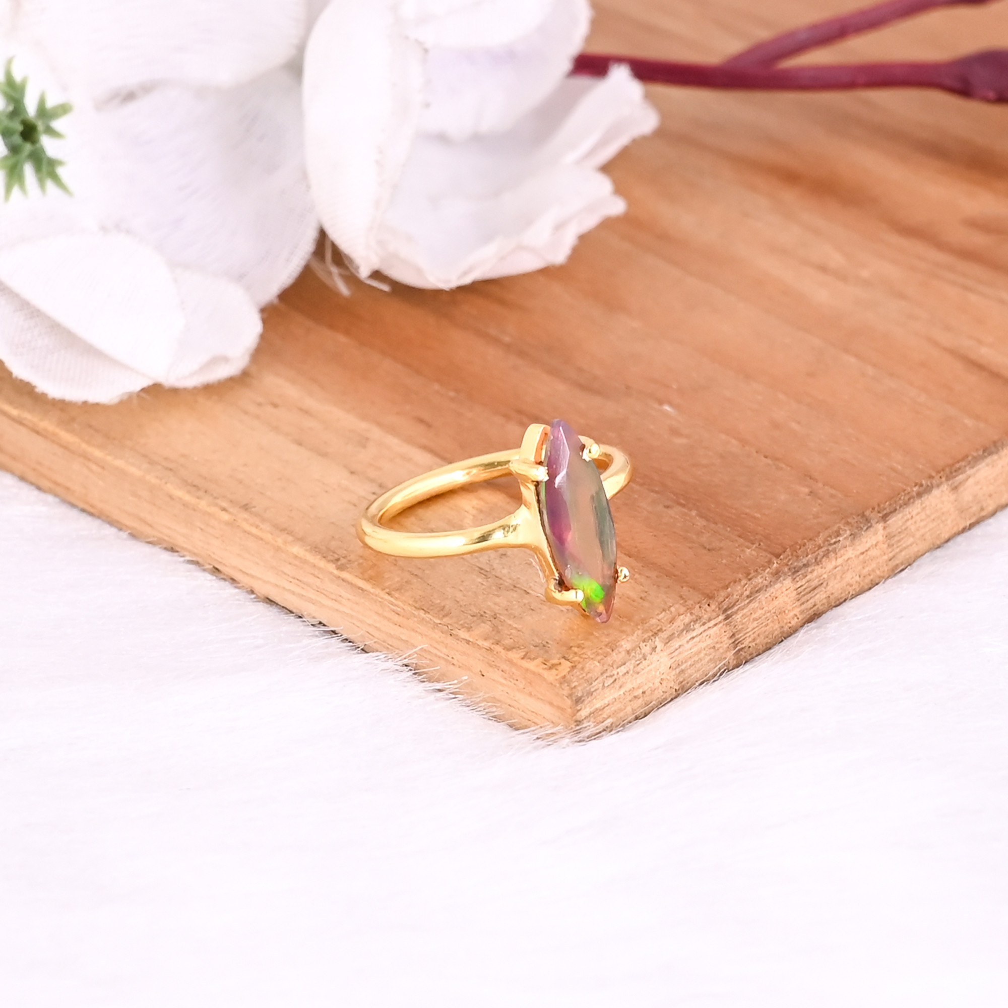 925 Sterling Silver Natural Black Opal Handmade Yellow Gold Plated Ring Fine Jewelry Wholesale Rings Jewelry