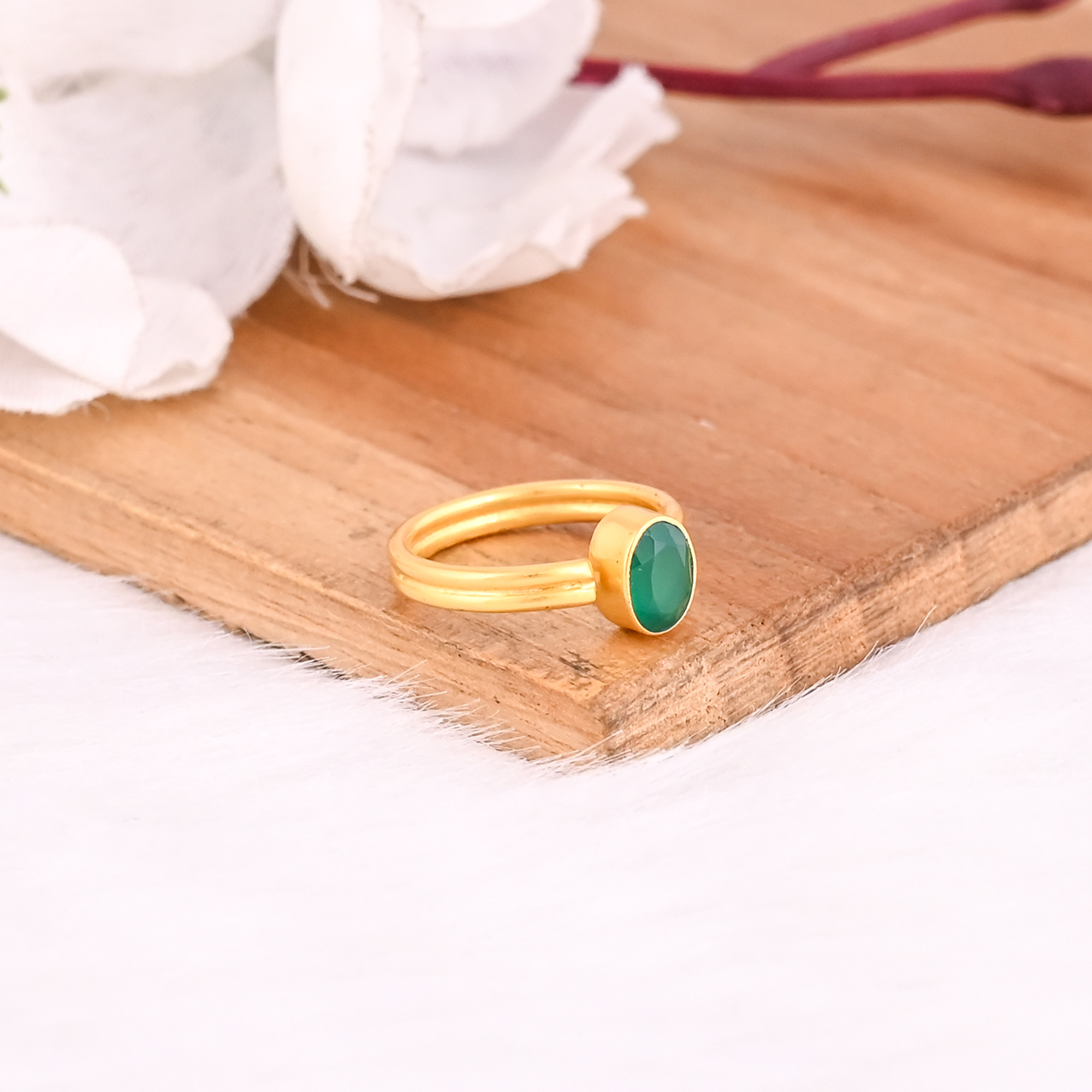 925 Sterling Solid Silver Green Onyx Gemstone Yellow Gold Plated Engagement Gift Women Adjustable Ring