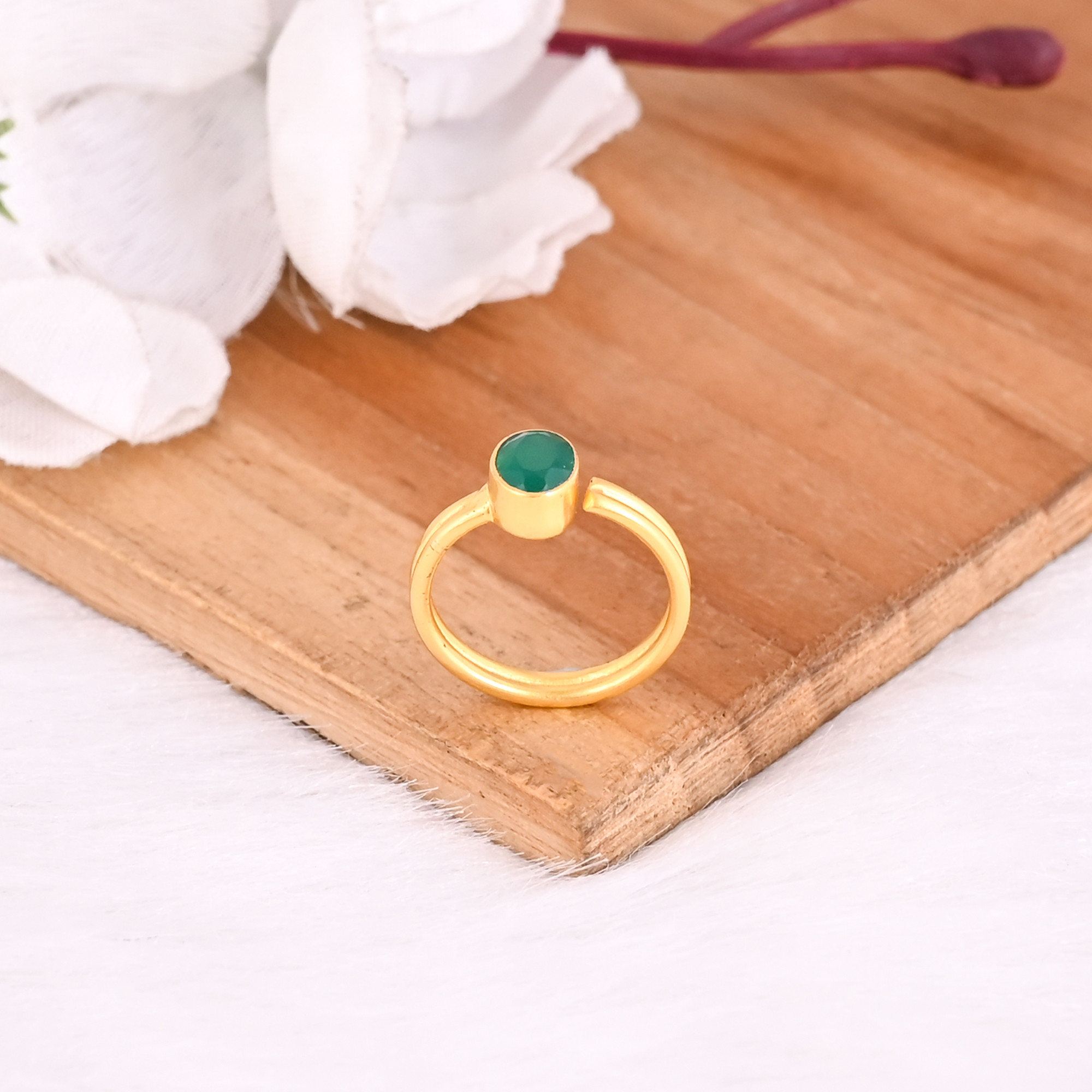 925 Sterling Solid Silver Green Onyx Gemstone Yellow Gold Plated Engagement Gift Women Adjustable Ring