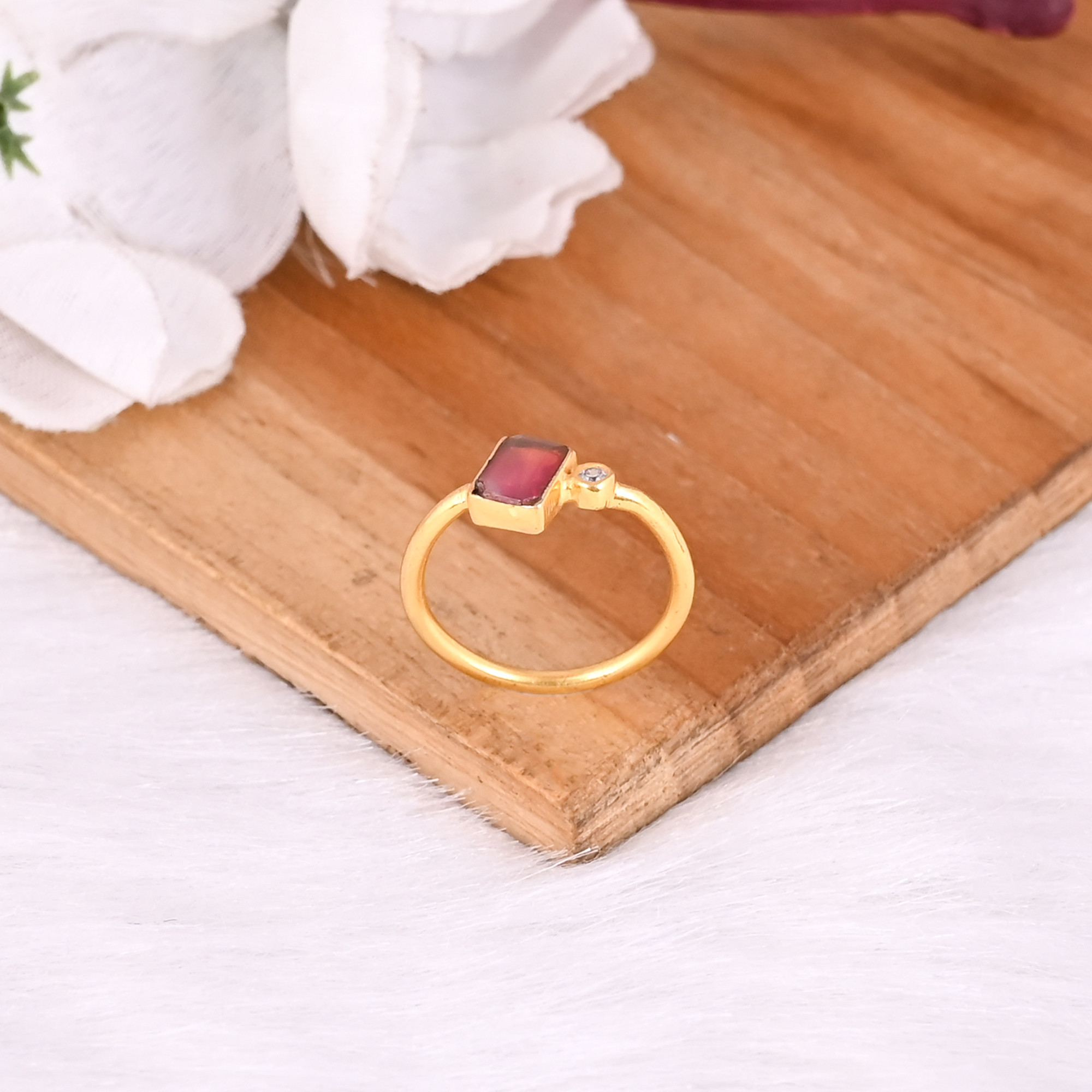 925 Sterling Silver Natural Pink Tourmaline Yellow Gold Plated Handmade Designer Minimalist Ring