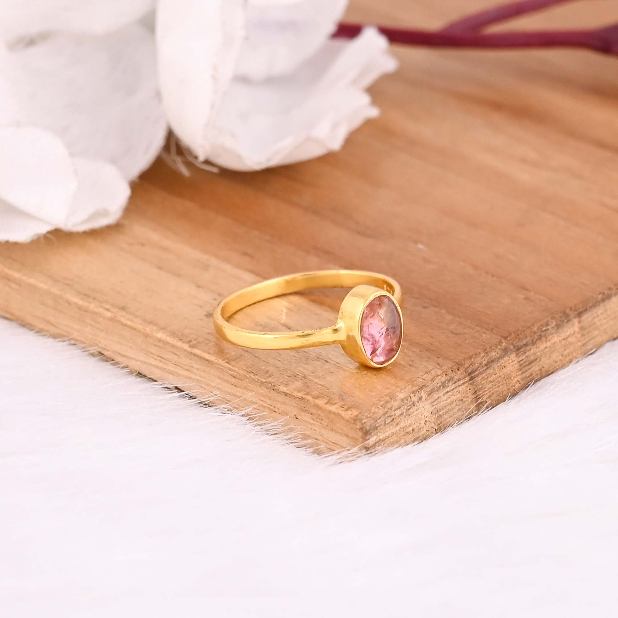925 Sterling Silver Natural Pink Tourmaline Yellow Gold Plated Handmade Stackable Ring