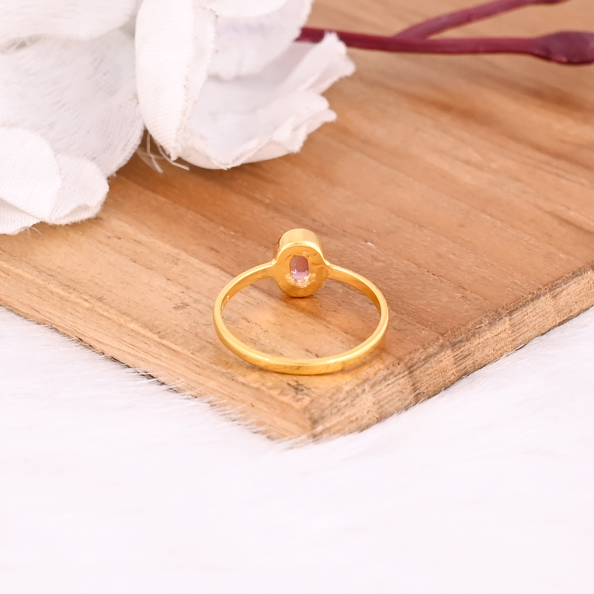 925 Sterling Silver Natural Pink Tourmaline Yellow Gold Plated Handmade Stackable Ring